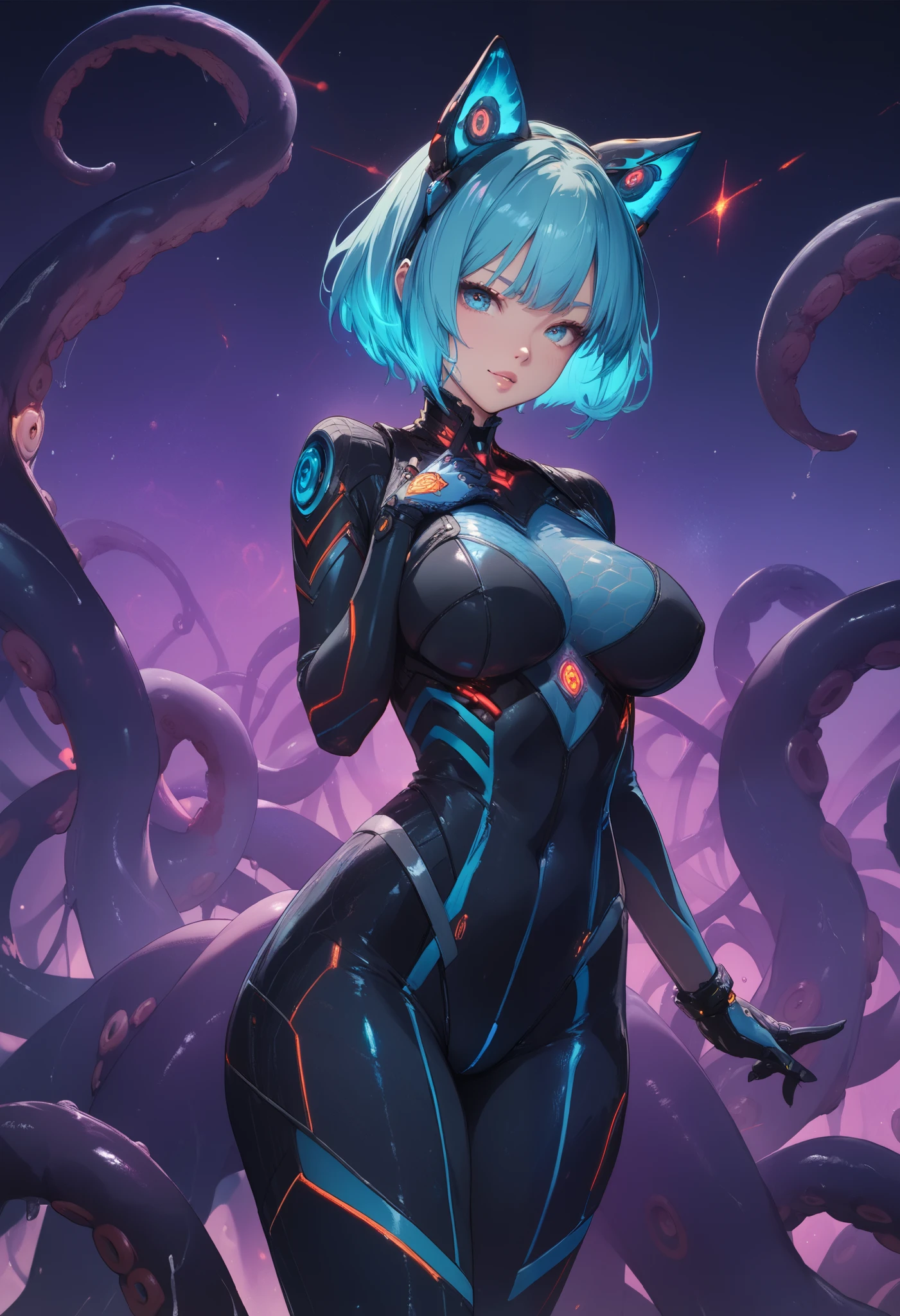 Scylla style girl. Sci-fi style bodysuit. Navy blue and black costume. Honeycomb pattern bodysuit. Black tentacles. Red glowing lines. Aqua colored hair. Short hair. Mechanical cat ears. Pert breasts.