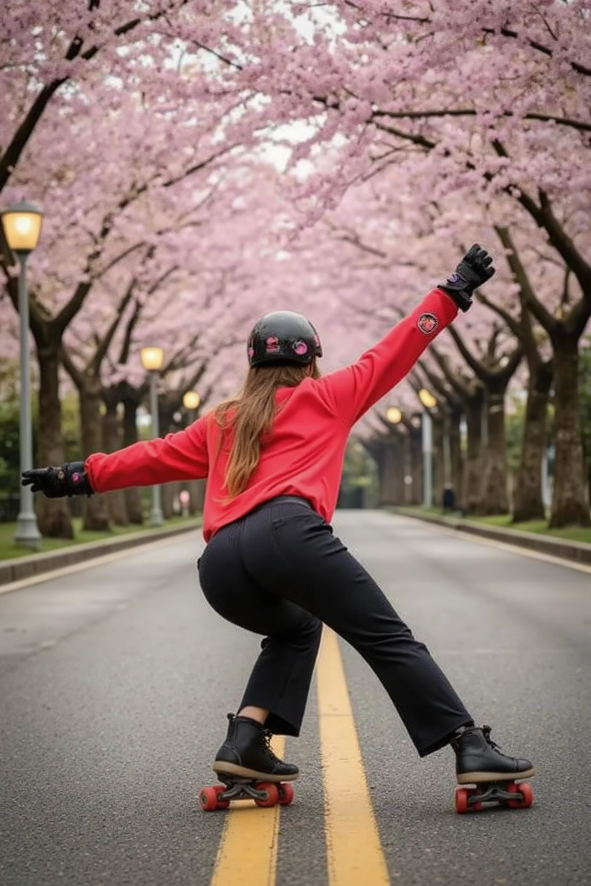 🌟 :
Back view, focus on ass, Ultra-HD 12K action shot, photographed from a moving support vehicle. silent: Dynamic sports photo realism with selective focus - the skater crystal clear, while road and blossoms blur in artistic motion blur.
🌌 :
"A slightly sloping avenue in a Japanese city park: Thousands of cherry blossoms form a pink roof over the moist asphalt road. In the background, lanterns blur into golden light strips. The roadway reflects the flower canopy as a pink glow."
😈 :
"Eine feminine Inline-Skaterin in skater-Outfit: wide black skater pants, which accentuates her dynamic movement. Her neon red wide shirt flutters in the wind, Her helmet is covered with cherry blossom stickers."
🔥:
"Professionelle Speed-Position: ((Bent low with almost wafer straight upper body, (Ate stretched out):1.9)), hands behind our back entangled. Her right leg is extended backwards, The left strongly angled. sparks from aggressive 110mm wheels. A cloud of pink flowers swirls behind her on. She looks over her shoulder at the viewer