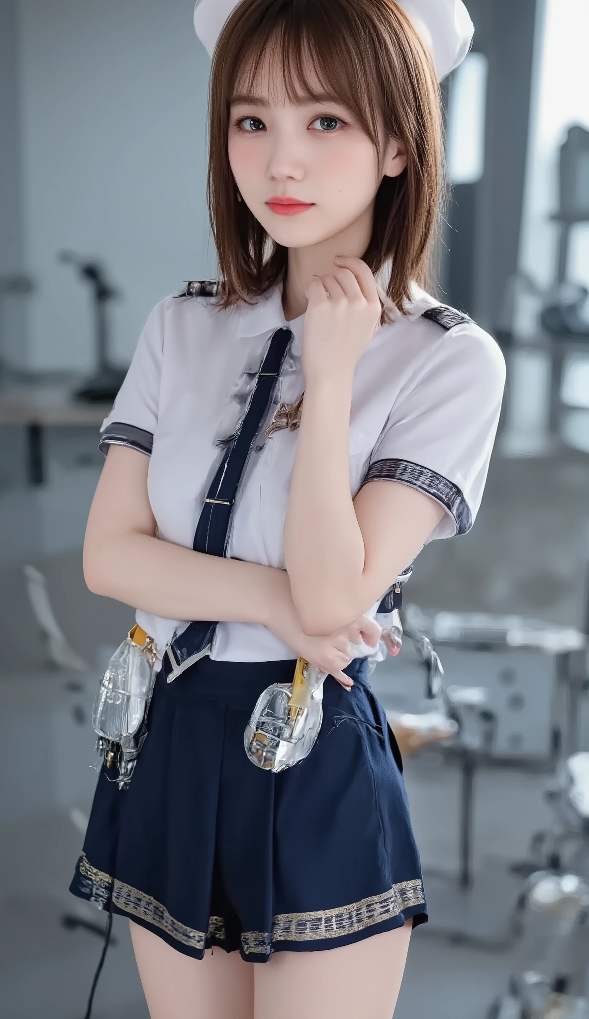 One female police officer,( I'm wearing an incredibly short and sexy female police miniskirt:1.5),( RAW photo , Best Quality ), ( exists, photo- exists:1.4), masterpiece, very delicate and beautiful, very detailed , 2k wallpaper, wonderful, Detailed Explanation , very detailed CG unity 8k wallpaper, Super Detail , high image quality , Soft light, Female cop costume 、 human anatomically correct、young and perfect breasts of a 22-year-old woman,The chest is very open , incredibly sexy chest,Surprisingly short police officer miniskirt , very detailed eyes and face, beautiful, detailed nose , beautiful eyes down to the smallest detail , as tall as the movie lights , night view, slender body,( incredibly young and big natural breasts ), perfect big breasts :1.5, full body:1.8,full body shot (amazing sexy thighs of a 22 year old woman) , emphasizes the thighs、long legs、(I'm wearing black knee-high socks: 1,5),Wear socks,Tight Body、incredibly sexy waist、 curve beauty、 random sexy poses that accentuate viewer breasts , seducing with her lustful expression,I can see light pink shorts from a very short miniskirt