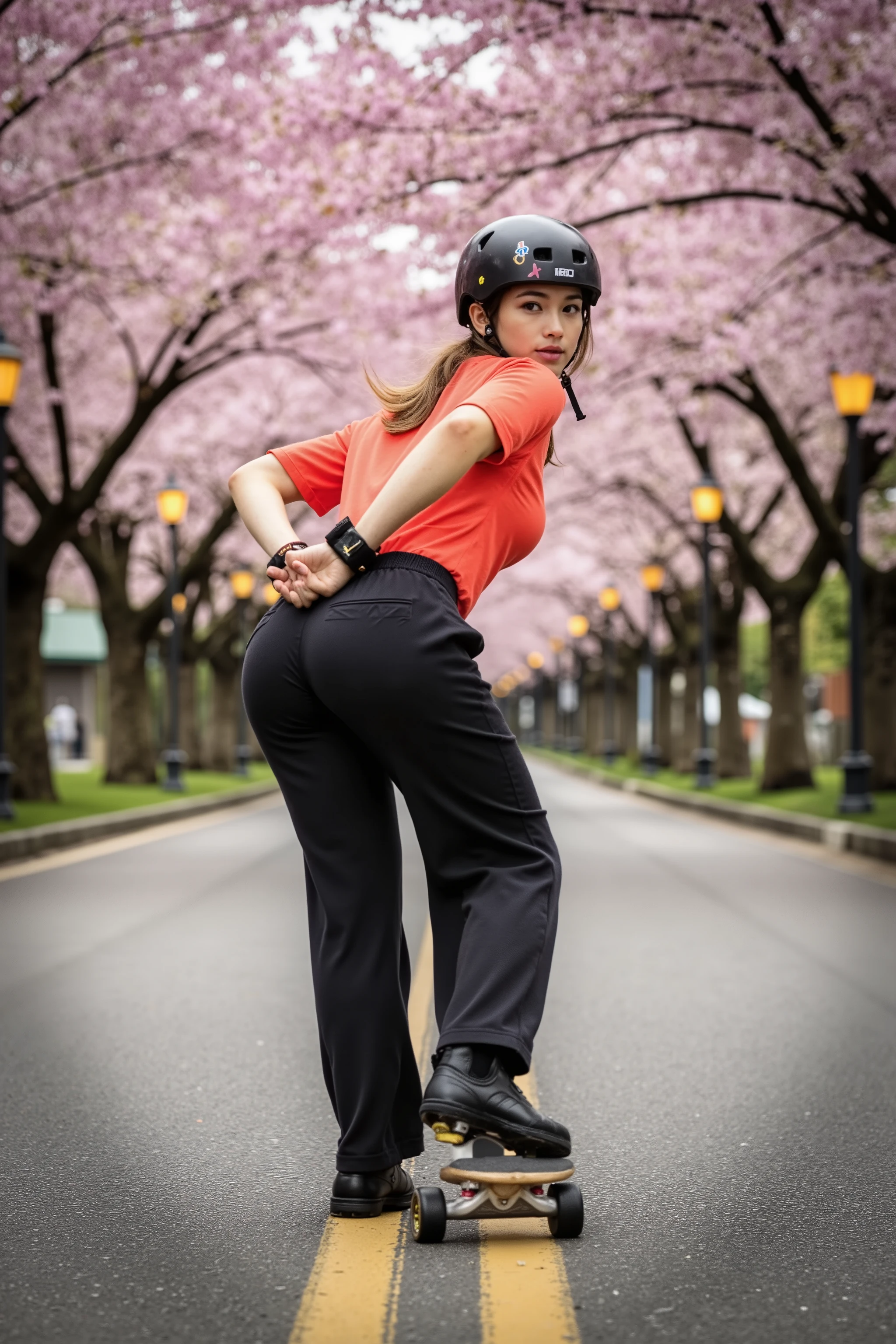 🌟 :

Back view, focus on ass,   Ultra-HD 12K action shot, photographed from a moving support vehicle. silent: Dynamic sports photo realism with selective Focus - the skater crystal clear, while road and blossoms blur in artistic motion blur.

🌌 :

    "A slightly sloping avenue in a Japanese city park: Thousands of cherry blossoms form a pink roof over the moist asphalt road. In the background, lanterns blur into golden light strips. The roadway reflects the flower canopy as a pink glow."

😈 :

"Eine feminine Inline-Skaterin in skater-Outfit: wide black skater pants, which accentuates her dynamic movement. Her neon red wide shirt flutters in the wind, Her helmet is covered with cherry blossom stickers."

🔥:

"Professionelle Speed-Position: ((Bent low with almost wafer straight upper body, (Ate stretched out):1.9)), hands behind our back entangled. Her right leg is extended backwards, The left strongly angled. sparks from aggressive 110mm wheels. A cloud of pink flowers swirls behind her on. She looks over her shoulder at the viewer