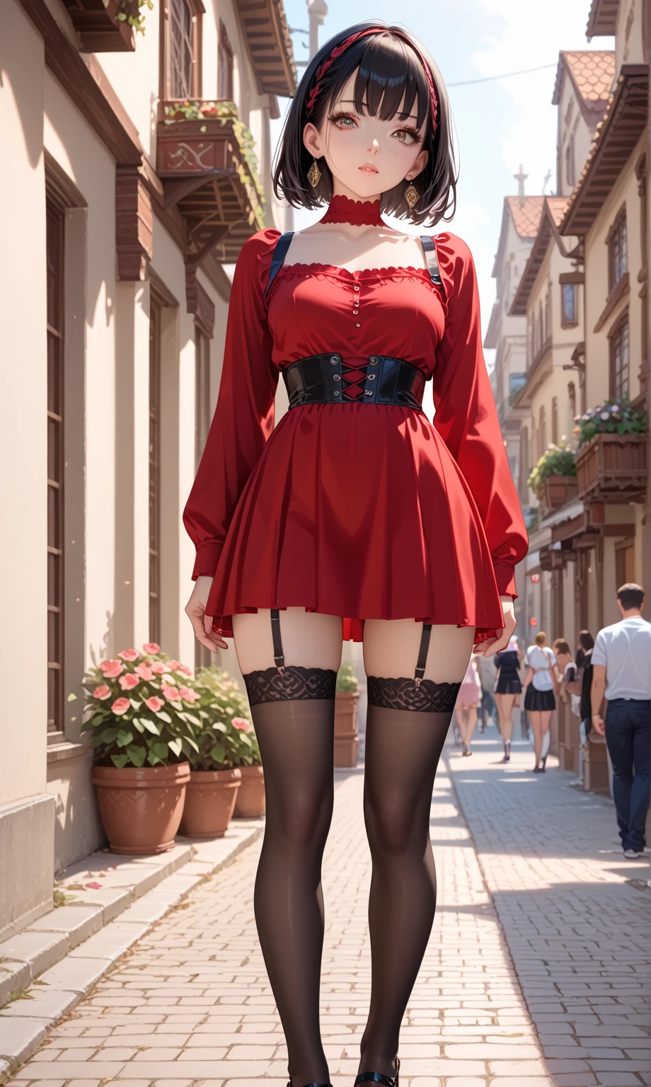 (Valencia:1 Girl), A Masterpiece, Best quality, Raw Photo, lifelike, FACE, Incredibly ridiculous, beautiful vampire girl, very curly red hair, gothic minidress, pantyhose crotch, shoes, sun shiny day