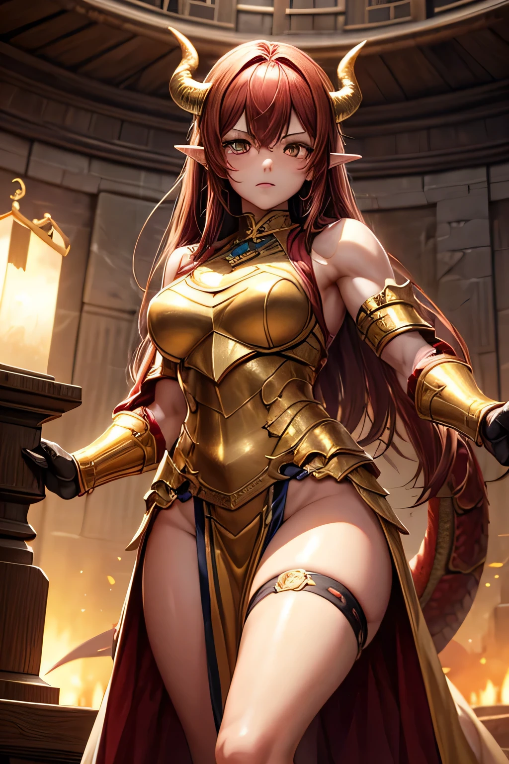 (masterpiece, best quality:1.3)
WowAlexstrasza, 1girl, solo, long hair, breasts, looking at viewer, smile, gloves, navel, medium breasts, sitting, closed mouth, braid, horns, choker, midriff, pants:1.3, cape, armor, orange eyes, fire, shoulder armor, red cape
