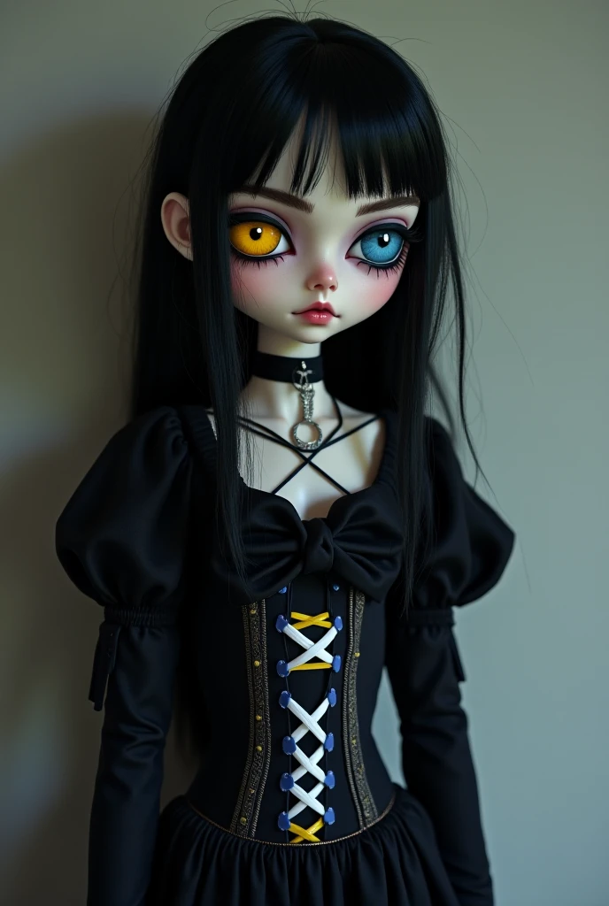 Blythe dolls doll, black hair butterfly cut in layers, with rings, dark eyes, with long eyelashes, very thin eyebrows, with grunge clothing style