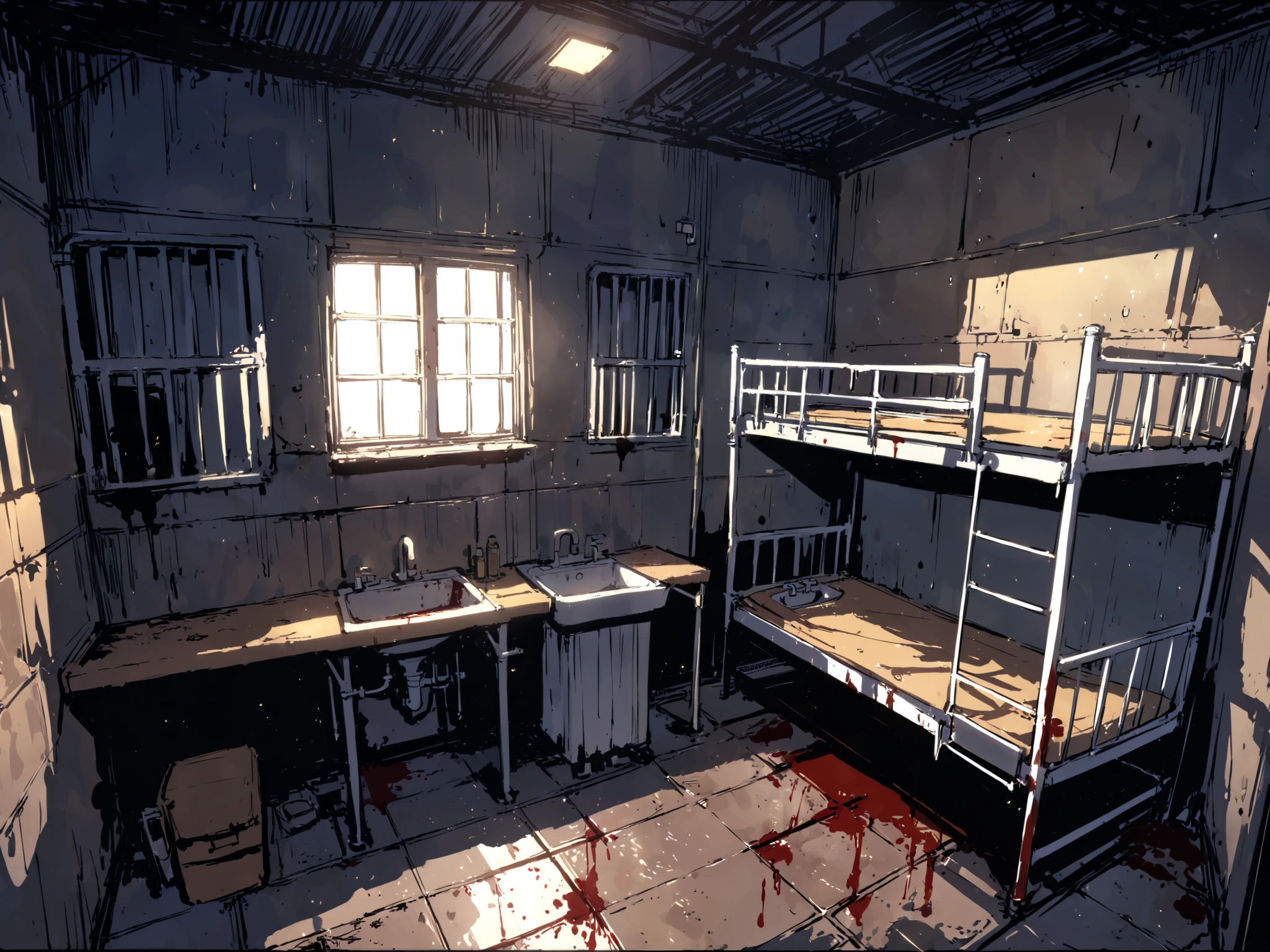 The wall of a Prison cell with only one small windows, blood the ground, night time, wet and dirty floor, intricate sketch, A small ray of light coming from the only one small Window, highly detailed, An old, dirty, damp prison cell with one benche, A sink and A bunk bed, dark embiance