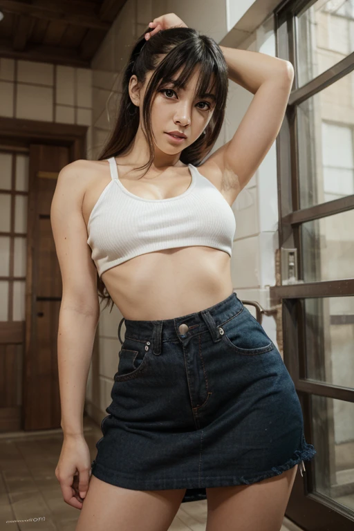 ((Medium chest, Soft Girl,)), (chiseled abs: 1.1), (perfect body: 1.1), (medium hair: 1.2), 赤茶colorの髪, headphones, hard nipples, View bras, collar, rock, full body shot, crowded street, wearing a tank top, jeans, (torn clothes:1.3)((Highly detailed CG 8k wallpaper), (an extremely delicate and beautiful one), (table top), (highest quality: 1.0), (ultra High resolution:1.0),  beautiful lighting, perfect lighting, realistic shadow, [High resolution], fine skin, Super detailed (((color)))), very realistic,
