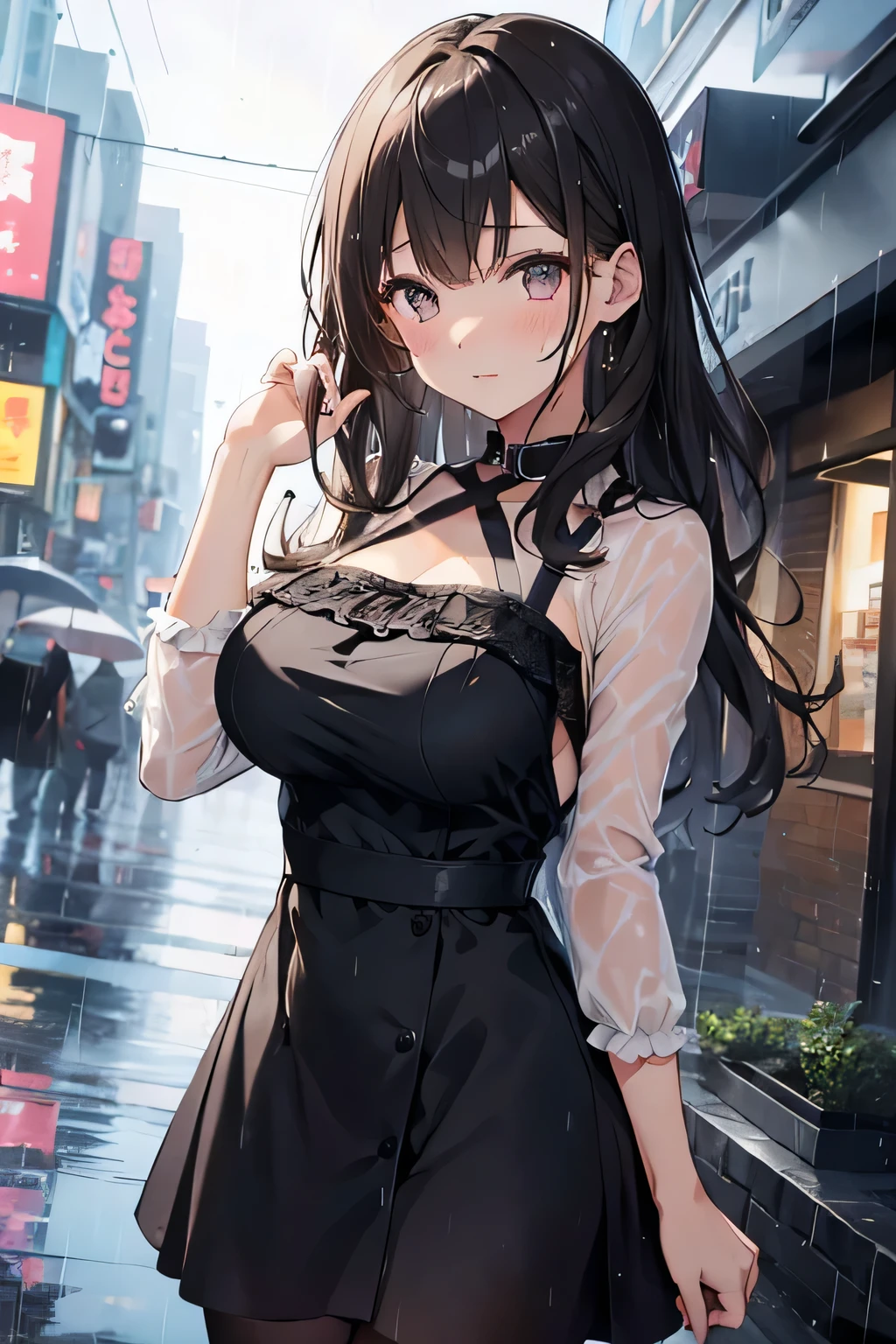 ((Highest quality))、((masterpiece))、(detailed)、((Anatomically correct))、One Woman、aldult、adult、look at me、Strike a Pose、((Standing posture))、(Ultra-glossy skin with attention to detail:1.1)、Glowing Skin、tits、F Cup、Beautiful shoulders、bangedium Hair、Straight Hair、Brown Hair、(Beautiful Eyes:1.1)、Double、Slender、blouse、skirt、(skirt lift)、White panties、See-through、Shibuya Scramble Crossing