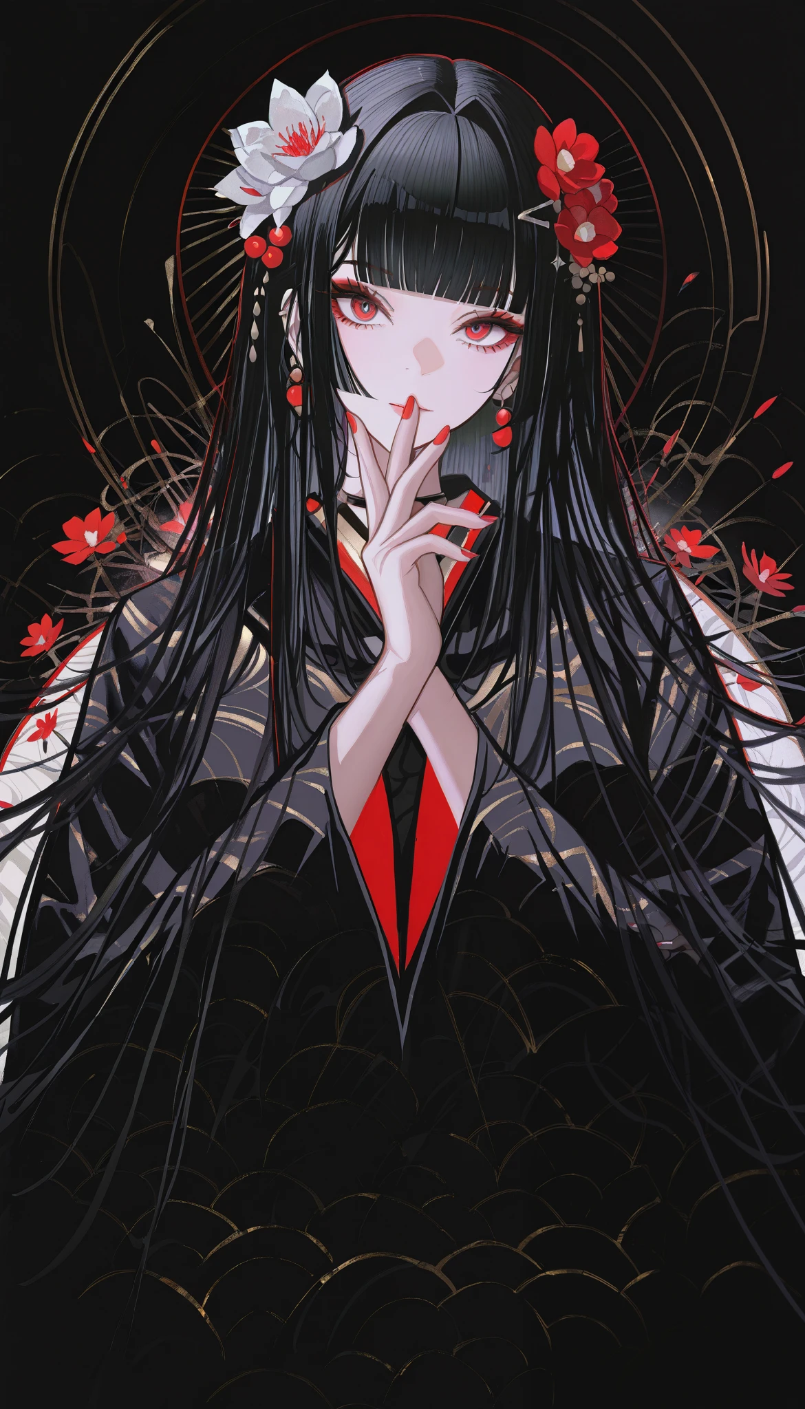 masterpiece, best quality, absurdres, kafka02_illu, abstract, 1girl, solo, red eyes, long hair, red nails, bangs, nail polish, black hair, looking at viewer, flower, hair ornament, blunt bangs, upper body, hair flower, beautiful moon in the background