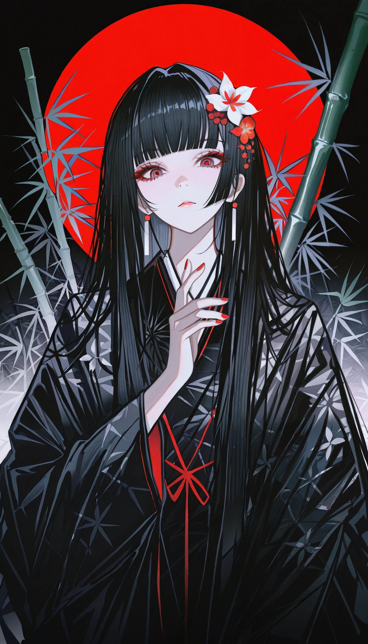 masterpiece, best quality, absurdres, kafka02_illu, abstract, 1girl, solo, red eyes, long hair, red nails, bangs, nail polish, black hair, looking at viewer, flower hair ornament, blunt bangs, upper body, bamboo, beautiful moon in the background