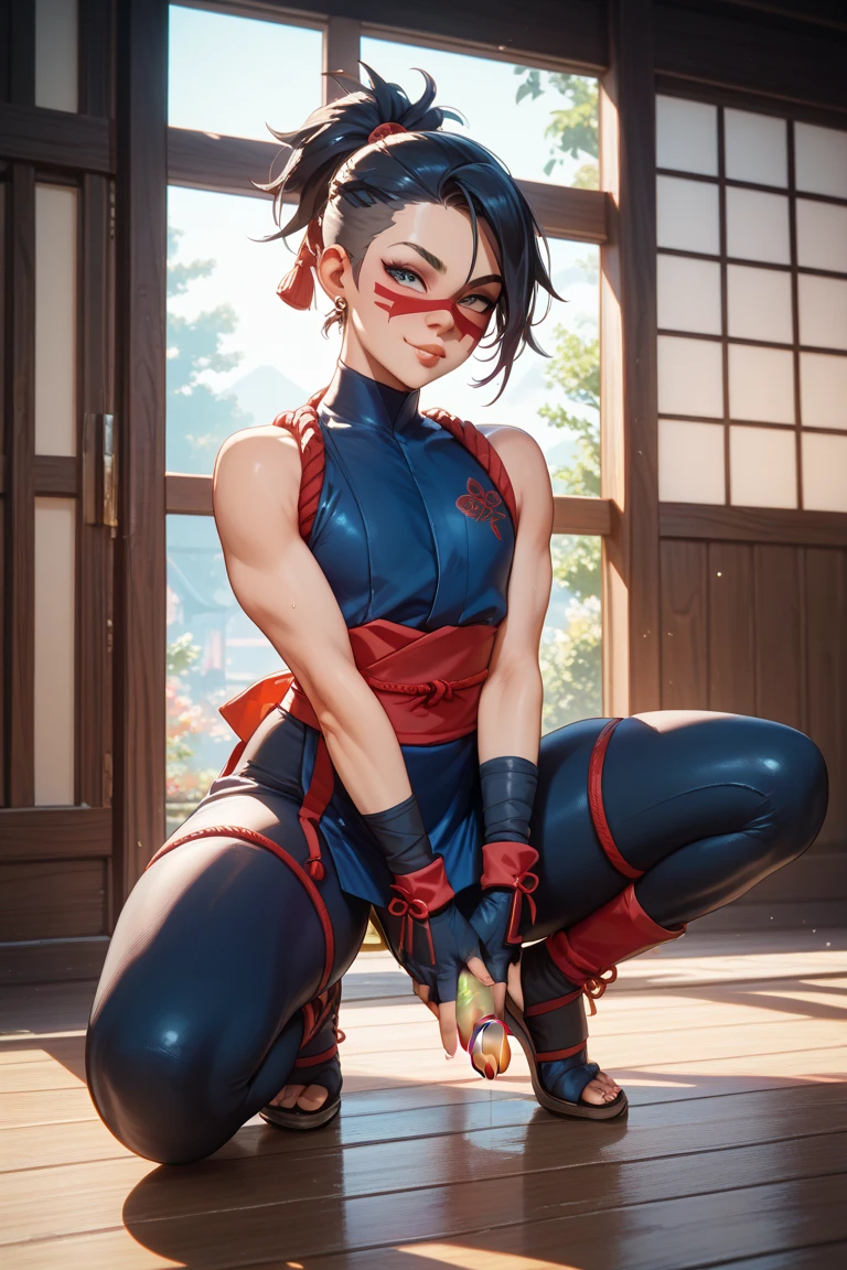 (flat chest:), (masterpiece:1.2), highest quality, High resolution, unity 8k wallpaper, (fine and beautiful eyes:1.6), highly detailed face, perfect lighting, Detailed CG, (perfect hands, perfect ???????), (1 boy solo:1.4), 20 years old, black hair, extremely beautiful detailfeminine face and eyes, (evil smile:1.4), detailed eyes, best quality,( dark skin:1.8), (turtleneck shirt under yukata:1.2), (bike shorts:1.2), extremely detailed, very precise detailed, (glasses:1.3), blunt bangs, open mouth, (very short pixie cut:1.2), boots,fingerless gloves, smile, half closed eyes, ,(on kawara roof),night sky, ,long sidelocks,(long red Scarf),(yukata),(squatting), ears,(acrobat pose:1.3),(squat:1.3),leaning forward,(one knee dwon:1.5),(Put one foot in front:1.3),(stylish pose:1.4),(2 legs:1.9),(arm up:1.4),(grab katana:1.3)