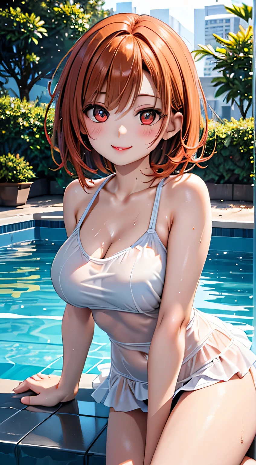 1girl in,A girl is surprised to be seen in an open-air bath and tries to hide her crotch.,Gravure idol-class cuteness,Very surprised expression,red blush,wetted skin,curly short hair and brown hair,fullnude,Slender but big breasts,Navel,pubick hair,perfectly proportions,tre anatomically correct,Precise fingers,Trying to cover your crotch or chest with your hands,Active Poses and Angles,In the open-air bath,masterpiece,hiquality,accuracy,