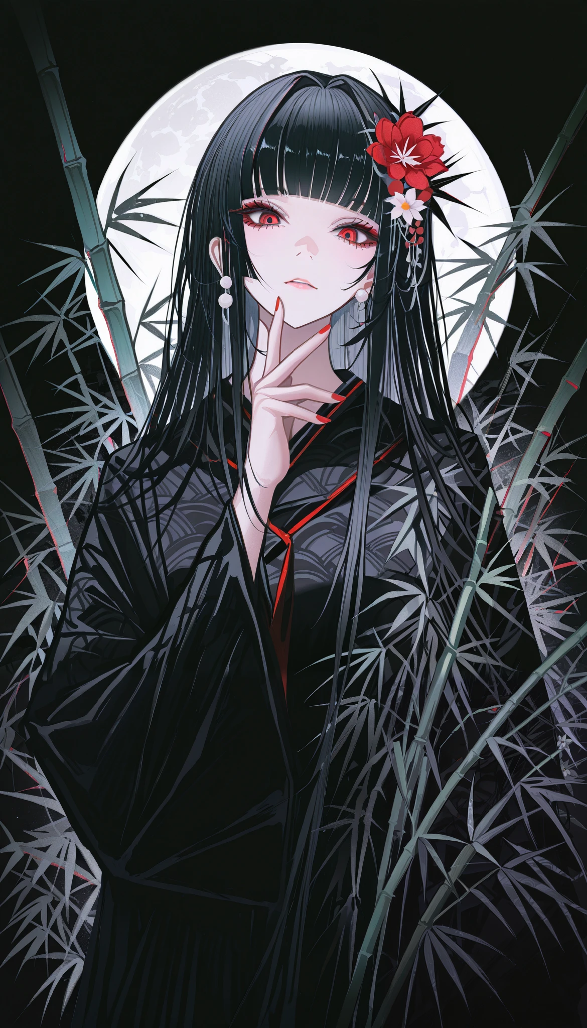 masterpiece, best quality, absurdres, kafka02_illu, abstract, 1girl, solo, red eyes, long hair, red nails, bangs, nail polish, black hair, looking at viewer, flower hair ornament, blunt bangs, upper body, bamboo, beautiful moon in the background