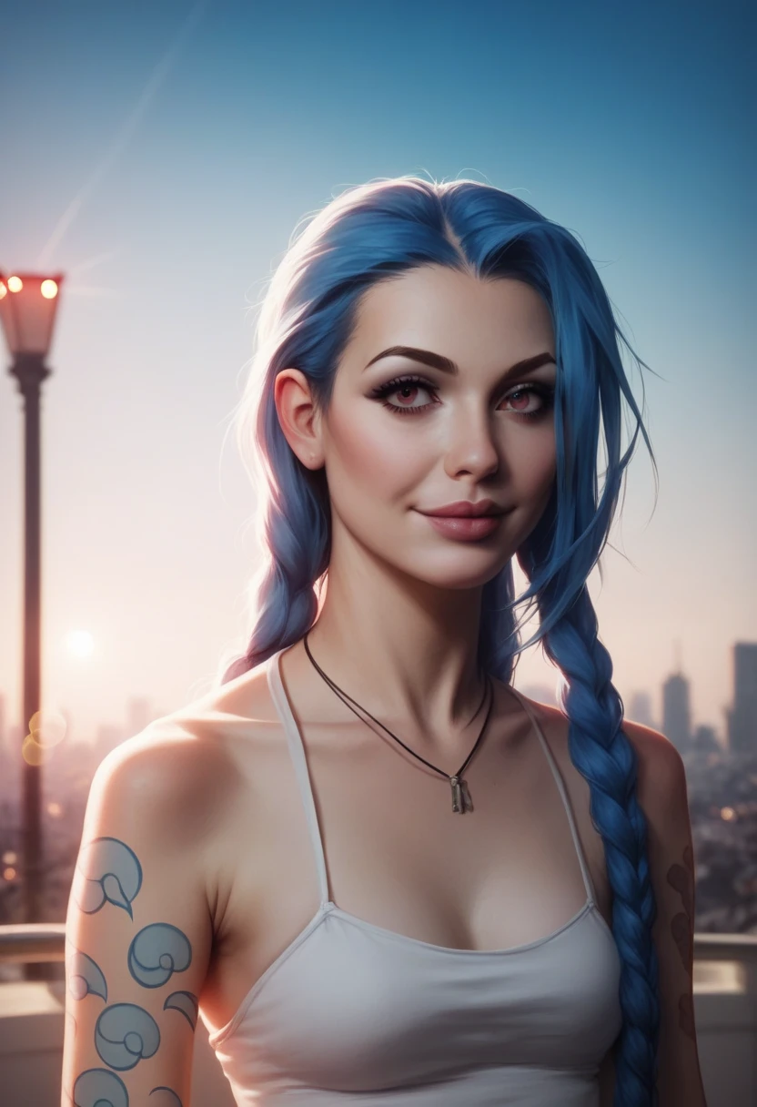 (1girl), A stunning and intricate full color portrait in Ultra-HD, detailed face, short blue hair, blue eyes, wearing black tank top, sharp focus, lighting natural, subsurface dispersion, f2, 35mm, sitting on wooden chair, in Forrest, smiling, big breasts, 
