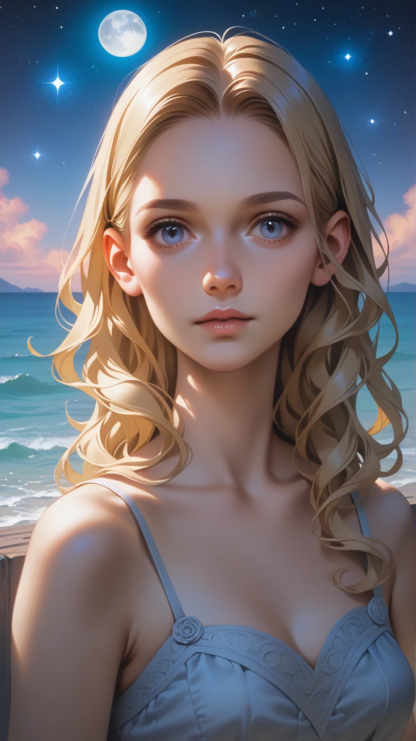 Best quality, masterpiece, ultra high res, (photorealistic:1.4), 1girl, offshoulder dress, deep shadow, shiny skin, Gorgeous 18-year-old woman resembling Abigaile Johnson, blonde hair, hair in front of face, , straight hair, soft pale skin, ab. small breasts, freckles
