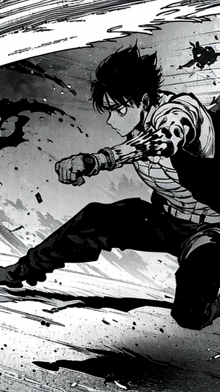 Create an epic black and white manga-style fight scene on top of a mountain. The protagonist is a age girl with a determined expression, short messy hair, and wearing simple but sturdy clothes like a worn-out jacket and jeans. She is in direct combat with a muscular, intimidating villain who is shirtless, displaying his bulging muscles and wearing a furious expression. The girl holds an improvised weapon, like a metal pipe, while the villain has his fists raised, ready to strike. The background features several destroyed mountains with large, gaping holes in the middle, as if they had been struck by powerful attacks. The scene is rich in dynamic lines, intense shadows, and contrasts typical of manga, with debris and dust floating in the air, enhancing the dramatic atmosphere under an ominous, cloudy sky.