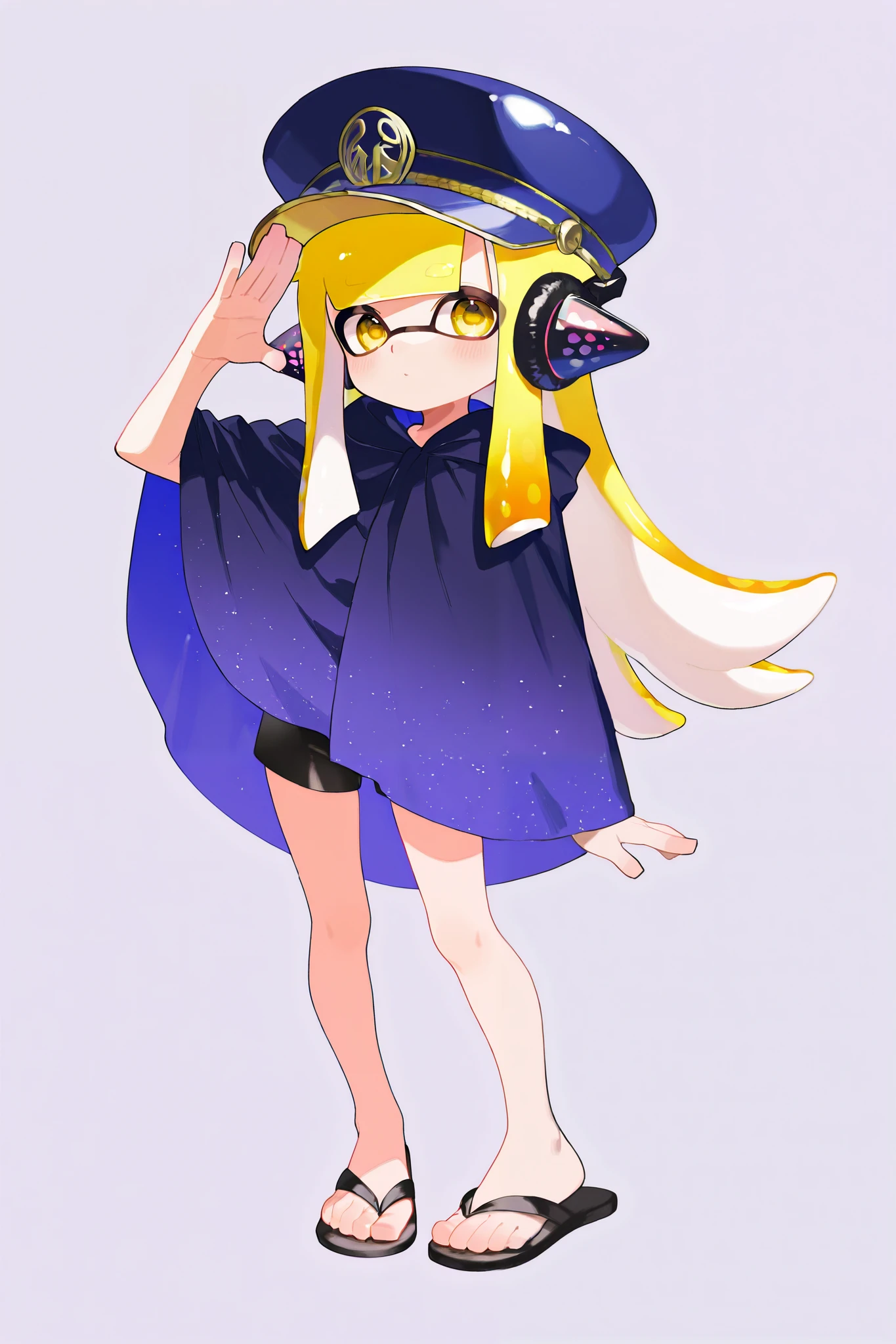 splatoon、girl、 beautiful sky background、stand、tall、 eight-headed body、Tall、tall to the eye、blue legend hat、 blue hat、blue legend hat、yellow long hair、black headphones、triangle-shaped headphones、triangular headphones、triangle headphones、black flip flops、black shorts、 giant、Shining Cosmic Color Cloak、peace sign with one hand、