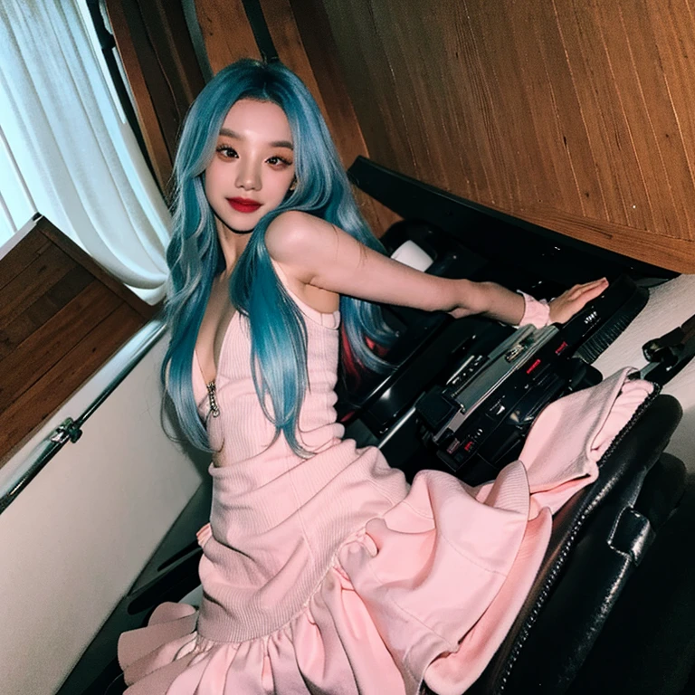 A blue-haired woman in her fifties sitting on a bed smoking a cigarette, Roseanne Park from Blackpink, photo shoot, Leaked images, Gemma Chen, Gombi, Jackie Tsai Style, Casual pose, Black Pink's Joshi, Zia, Shision Wu, beautiful!!!!!! Goddess, portrait of Black Pink's Joshi, Lulu Chen, ๐ญ ๐คฎ ๐ ๐, beautiful!!