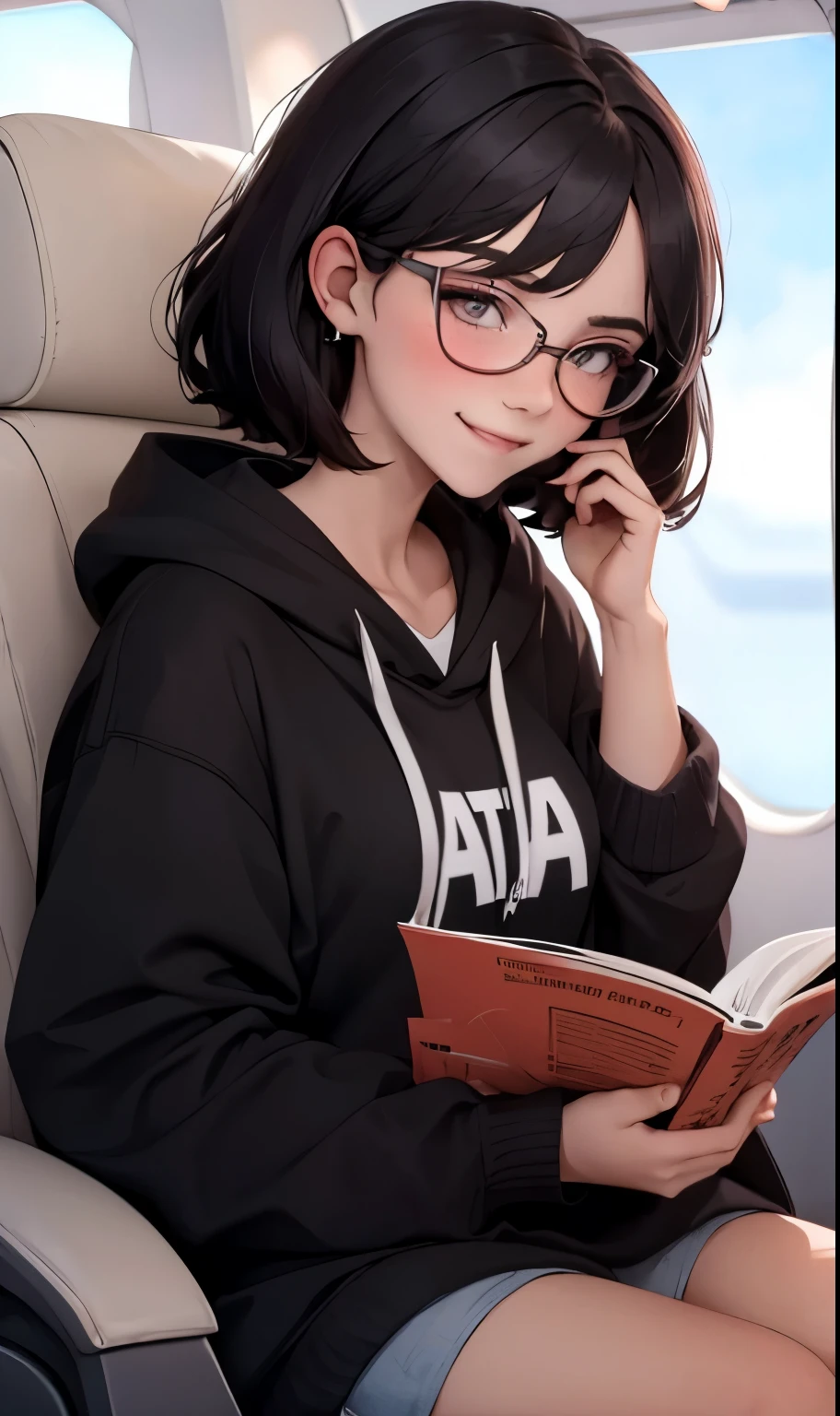 Cute girl. Young girl . Sitting on plane seat by the window. Chill. Reading. Air pods. Glasses. White skin. Black hair. Slightly blushed. Black hoodie. Short-medium hair. Shy smile.