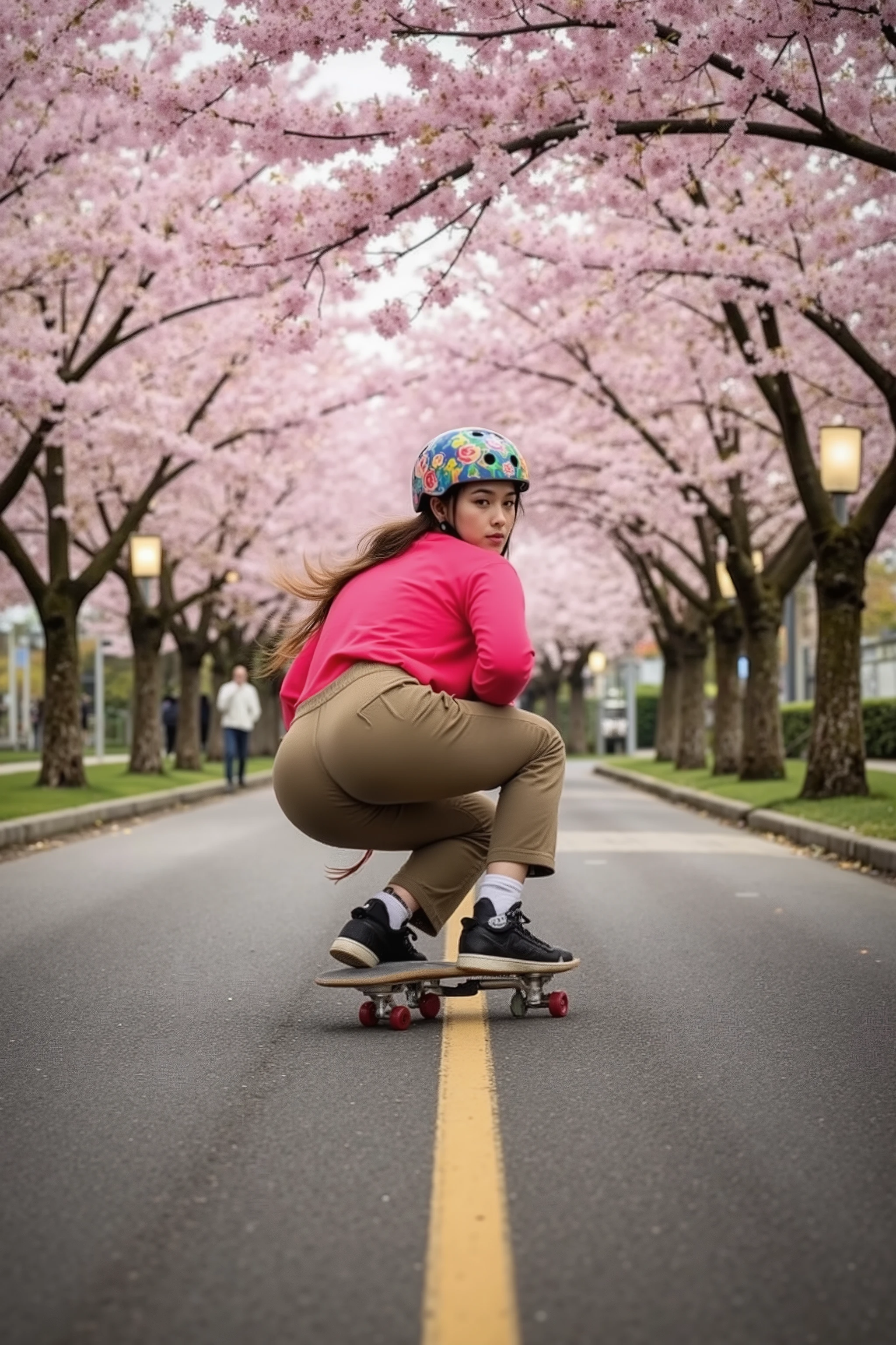 🌟 :
Back view, focus on ass, Ultra-HD 12K action shot, photographed from a moving support vehicle. silent: Dynamic sports photo realism with selective focus - the skater crystal clear, while road and blossoms blur in artistic motion blur.
🌌 :
"A slightly sloping avenue in a Japanese city park: Thousands of cherry blossoms form a pink roof over the moist asphalt road. In the background, lanterns blur into golden light strips. The roadway reflects the flower canopy as a pink glow."
😈 :
"Eine feminine Inline-Skaterin in skater-Outfit: wide khaki skater pants, which accentuates her dynamic movement. Her neon red wide shirt flutters in the wind, Her helmet is covered with cherry blossom stickers."
🔥:
"Professionelle Speed-Position: ((Bent low with almost wafer straight upper body, (Ate stretched out):1.9)), hands behind our back entangled. Her right leg is extended backwards, The left strongly angled. sparks from aggressive 110mm wheels. A cloud of pink flowers swirls behind her on. She looks over her shoulder at the viewer