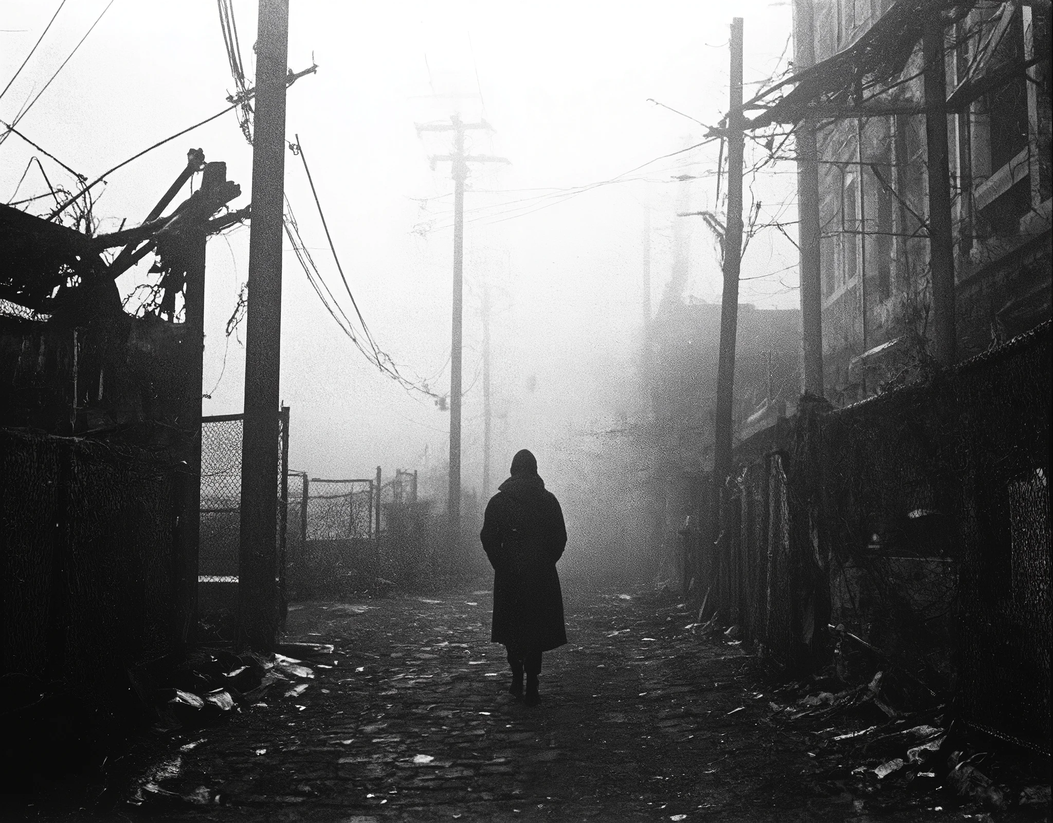 Cinematic black and white photography, eye-level view of a desolate, fog-covered cobblestone street lined with a damaged chain-link fence, some sections bent and broken. Tall, weathered streetlights and tangled power lines disappear into the misty background, enhancing the eerie, abandoned atmosphere. A lone woman walks near the fence, dressed in winter clothing—her hands tucked into the pockets of a heavy coat, a knit beanie covering her head, and a thick scarf wrapped around her neck. Her silhouette is partially obscured by the dense fog, adding a sense of solitude and introspection. High contrast and pronounced grain texture, mimicking Ilford HP5 film, with deep blacks and bright highlights that accentuate the misty, melancholic setting. The diffused light from the fog softens edges while maintaining rich detail in shadows and textures, evoking a classic fine-art documentary aesthetic. A raw, thought-provoking scene with an atmosphere of loneliness, mystery, and quiet resilience.