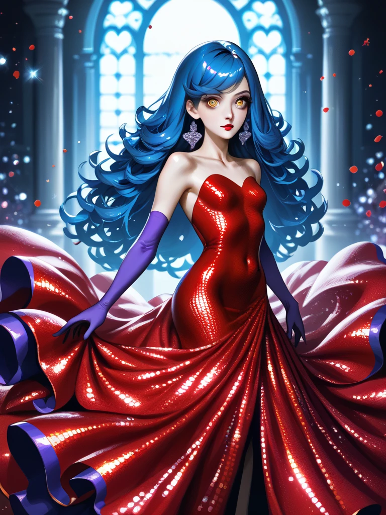Holographic glitch of a beautiful and gorgeous lady, dressed in a red dress --ar 4:7 --style raw