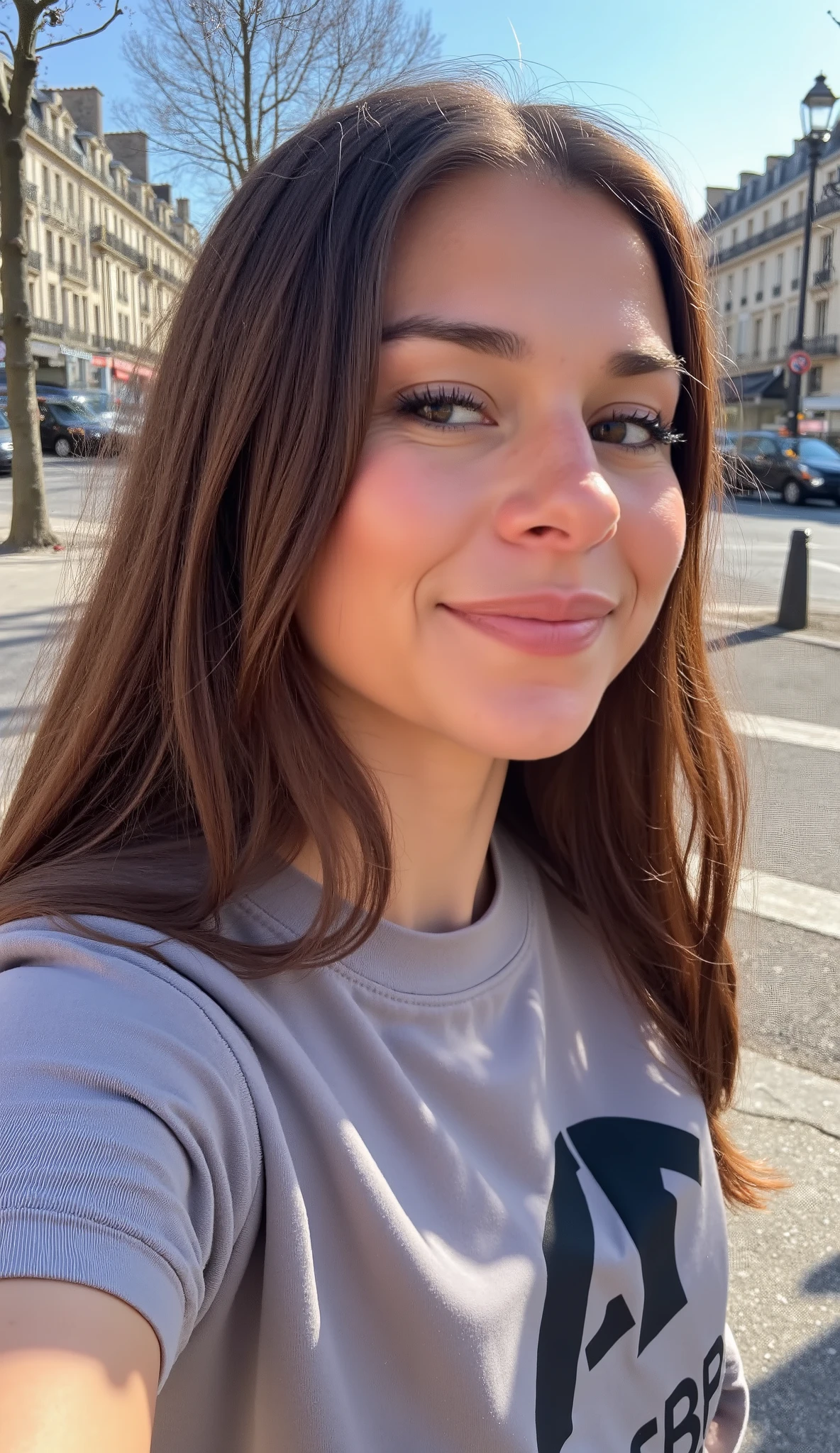 Une femme incroyablement séduisante au visage arrondit se prend en selfie et aux formes généreuses, avec une poitrine très volumineuse et des hanches marquées. Sa cambrure prononcée met en valeur sa silhouette sculpturale. C'est une magnifique brune aux traits rappelant « Sophie Rain », avec une peau éclatante et un regard captivant. 20 ans , gros seins et grosses fesses, elle porte bas de survêtement gris et un maillot de football du real Madrid avec un short de couleur pareil que le t-shirt real de Madrid football, elle nous envoûte de par son corps et ses yeux aussi nous envoûtent. Patanlon legging noir t shirt moulant manche longue sa taille est fine et ses hanches sont larges, elle est brune aux yeux clairs, elle se situe dans les grandes rues de Paris avec au moins des bâtiments haussmannien , le temps est très ensoleillé printanier, Souriante