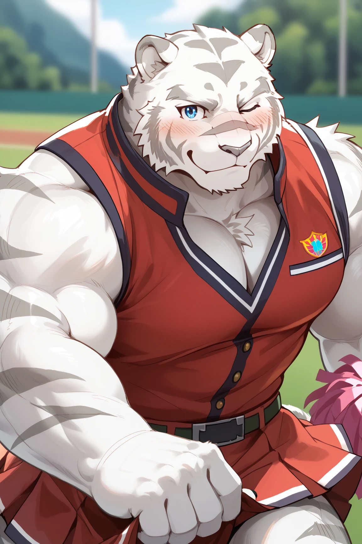 White fur tiger, coach, muscular, with white tail, sleeveless shirt, with a chain necklace