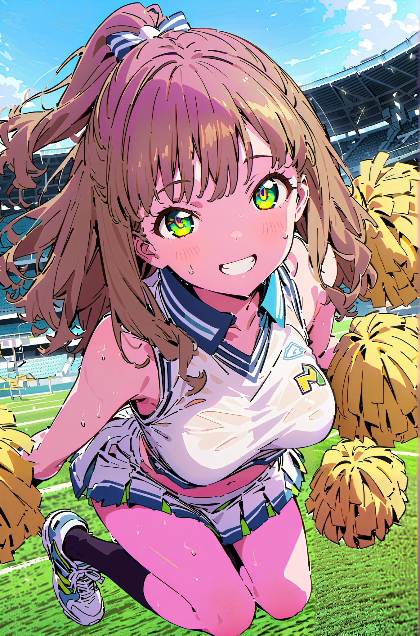 yume minami, long hair, brown hair, green eyes, bungs,smile,cover, grin ,Half Up Do Medium Breast,(cheerleading), (full body), on chest, (made me sweat), made me sweat Wet Clothes, (white clothes),sleeveless, pleated skirt,black socks,sneakers with a ladyback letter, stomach button support , playground, (jump), (jump), 両足を曲げてjumpする, , blue sky, Compa, smile,cheerleader, Pom-pom \(cheerleading\) real hair ornaments,full bodyがillustrationに入るように,break outdoors,Stadium,
break looking at viewer,full body,
break (masterpiece:1.2), best quality, high resolution, Unity 8k Wallpaper, (illustration:0.8), (beautiful detailed eyes:1.6), very detailed face, so that it fits into the illustration, extremely detailed CG, (curved body, Complete anatomy),