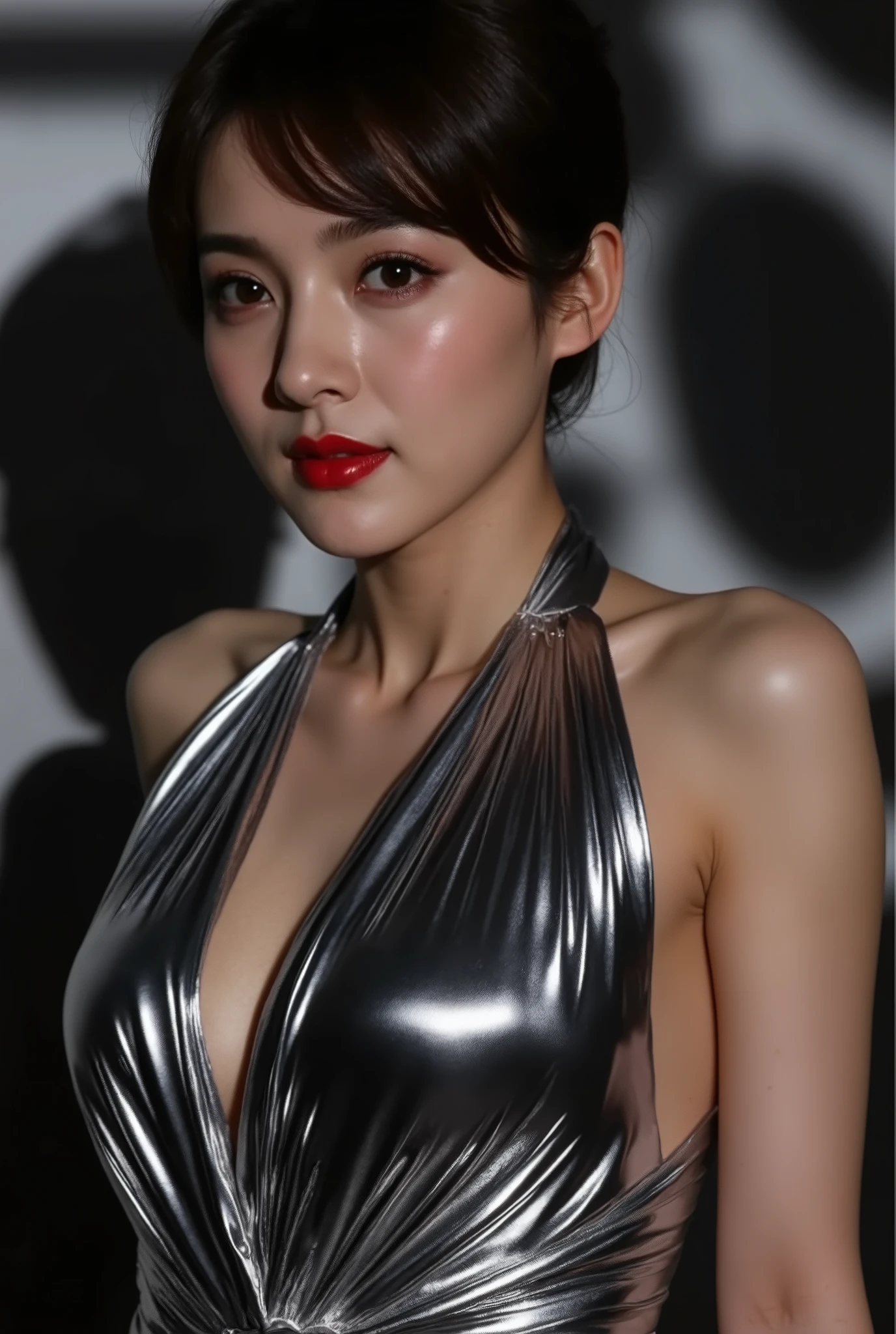 A hyper-realistic half-body portrait of a korean beauty, standing confidently in a high-contrast monochrome setting illuminated by intense, directional lights. Her short, tousled pixie cut frames her sculpted cheekbones and radiant complexion, emphasizing her striking bone structure. Her deep, expressive hazel eyes are accentuated by dramatic lighting, casting bold shadows that enhance the depth of the scene. She wears **bold, dark makeup**—intense black eyeliner, deep black eyeshadow, and long, voluminous lashes coated in mascara. Her lips are adorned with **glossy, vibrant red lipstick**, standing out starkly against the monochrome surroundings. She is dressed in a **shimmering, metallic silver halter dress** that clings to her toned figure, reflecting the sharp lighting with a liquid-metal effect. The plunging neckline highlights her décolletage. The fabric drapes elegantly, catching the stark lighting in a mesmerizing interplay of light and shadow. The background is **minimalist and abstract**, with high-contrast lighting casting deep shadows and creating an almost surreal atmosphere. The interplay of blinding highlights and inky black shadows heightens the visual tension, emphasizing her striking presence. The overall composition exudes **power, elegance, and intensity**, blending elements of high-fashion editorial photography with cinematic drama. Hyper-detailed, photorealistic, strong contrast, monochrome setting with bold red accents,anime detailers,Women,ct-bqsio,ct-voluptuosity2,ct-fatagirl,ct-kjbp,ct-uwaka6,ct-skr4,ct-tiffa3,ct-soobin3,ct-yox5