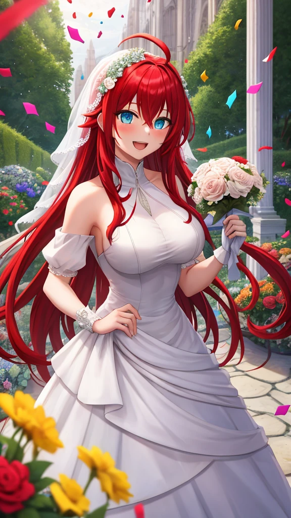 uzumaki_kushina,massive large_breasts, medium thighs, medium_ass, solo, off-the-shoulder white wedding dress,, transparent dress,sexy dress, flowers in hand,ponytail,no bra,no panties, masterpiece, best quality, detailed face, detailed eyes, highres, (masterpiece:1.4, best quality:1.2), (Highres), (Detailed Illustration), Ultra-Detailed, konohagakure,looking in front, smiling playfully,mischievous eyes,blue eyes,one hand up ,second and on cleavage , standing straight,lust face, blossom tree
