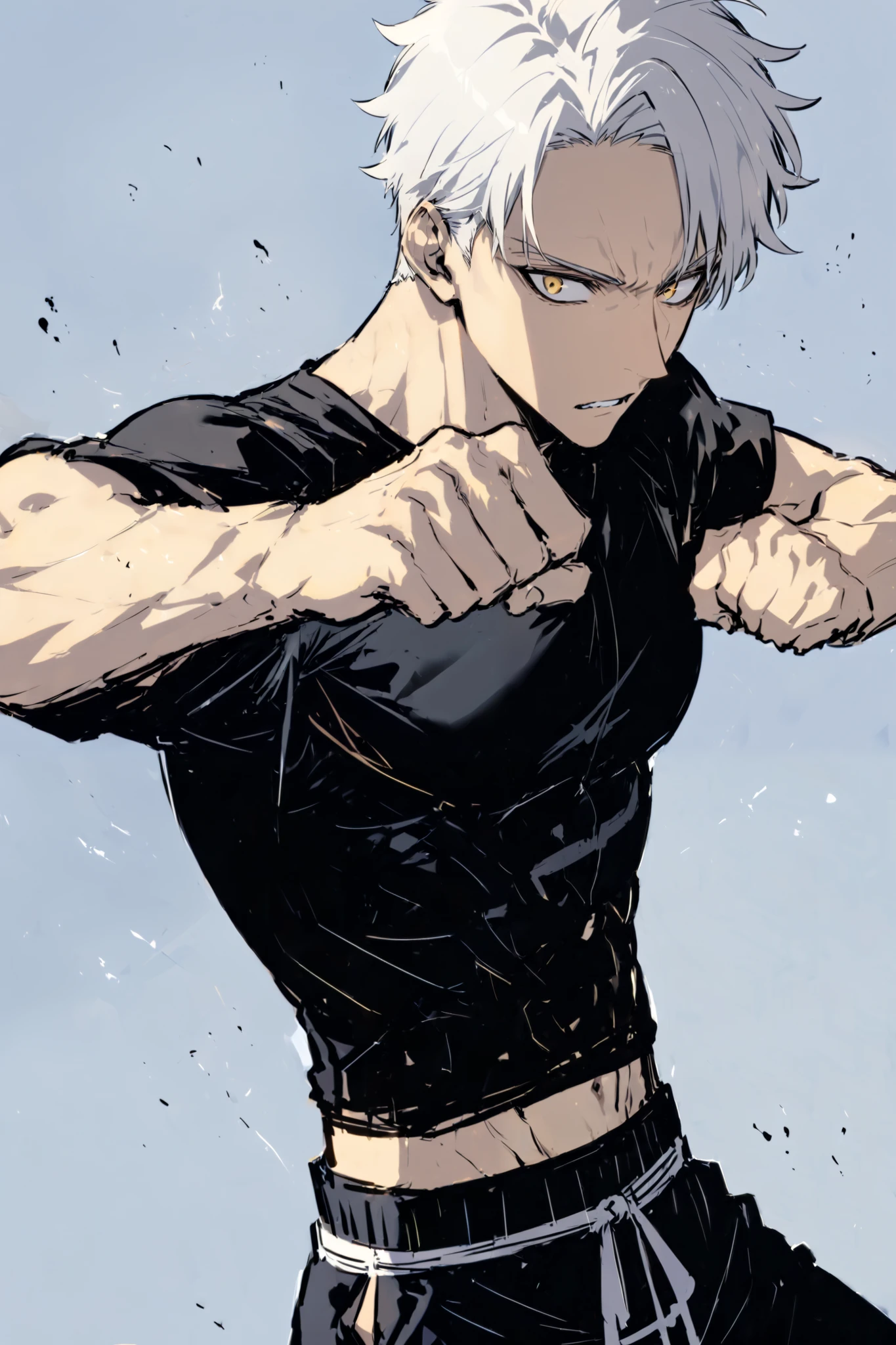 Handsome, Athletic, alone, male, Short spicky hair, long white hair, black yellow eye, black shirt, black pants, , intricate sketch, expressive eyes nose and mouth, Abs, simple pose, clench fist, martial art stance, side view