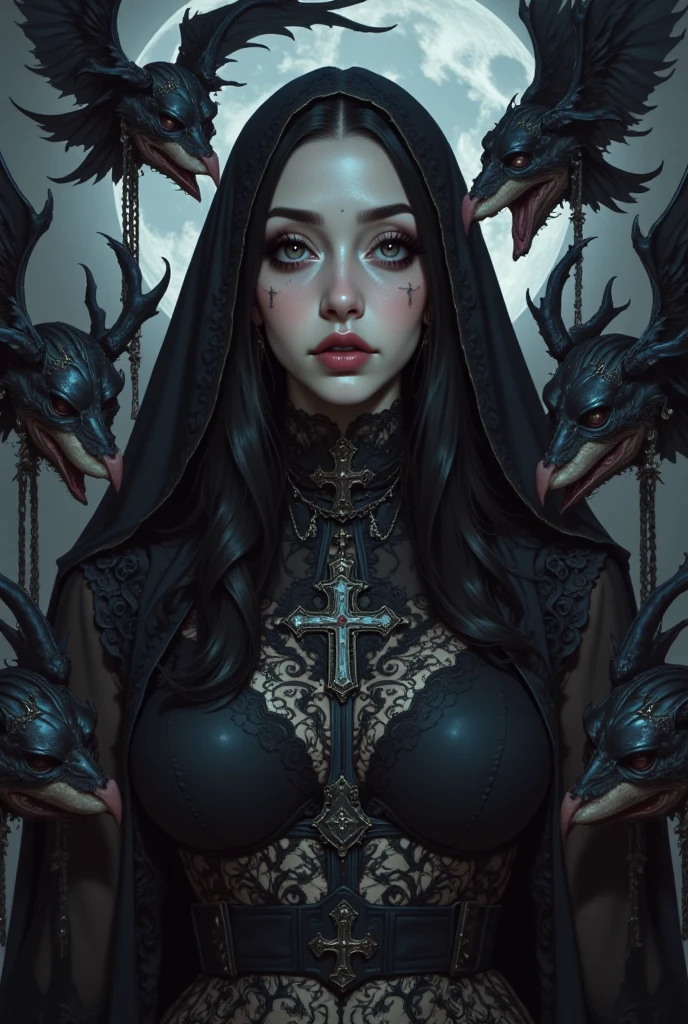 Scary nun, unholy, creepy, horror, dark, ghoul, intricate design and details, photography lighting, photorealistic, cinematic