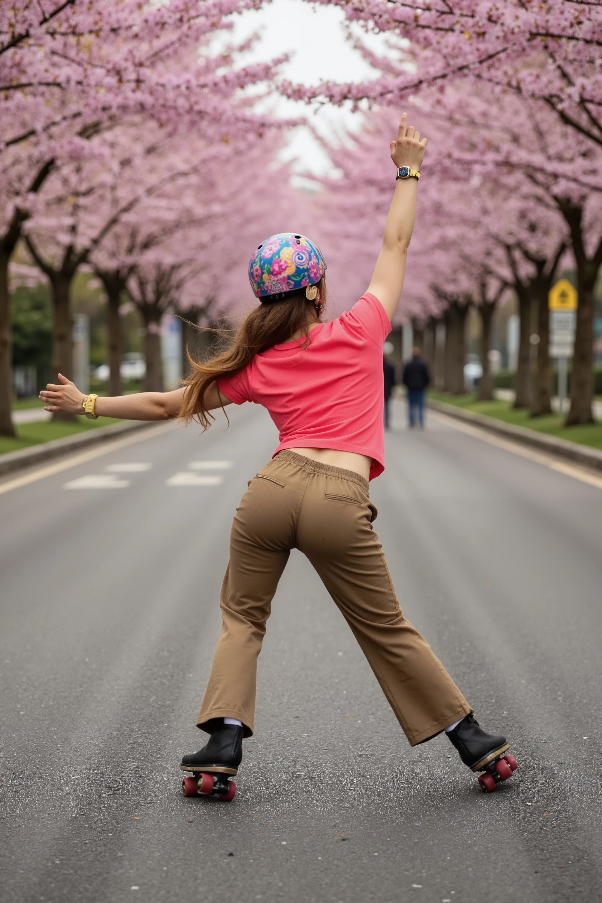 🌟 :
Back view, focus on ass, Ultra-HD 12K action shot, photographed from a moving support vehicle. silent: Dynamic sports photo realism with selective focus - the skater crystal clear, while road and blossoms blur in artistic motion blur.
🌌 :
"A slightly sloping avenue in a Japanese city park: Thousands of cherry blossoms form a pink roof over the moist asphalt road. In the background, lanterns blur into golden light strips. The roadway reflects the flower canopy as a pink glow."
😈 :
"Eine feminine Inline-Skaterin in skater-Outfit: wide khaki skater pants, which accentuates her dynamic movement. Her neon red wide shirt flutters in the wind, Her helmet is covered with cherry blossom stickers."
🔥:
"Professionelle Speed-Position: ((Bent low with almost wafer straight upper body, (Ate stretched out):1.9)), hands behind our back entangled. Her right leg is extended backwards, The left strongly angled. sparks from aggressive 110mm wheels. A cloud of pink flowers swirls behind her on. She looks over her shoulder at the viewer