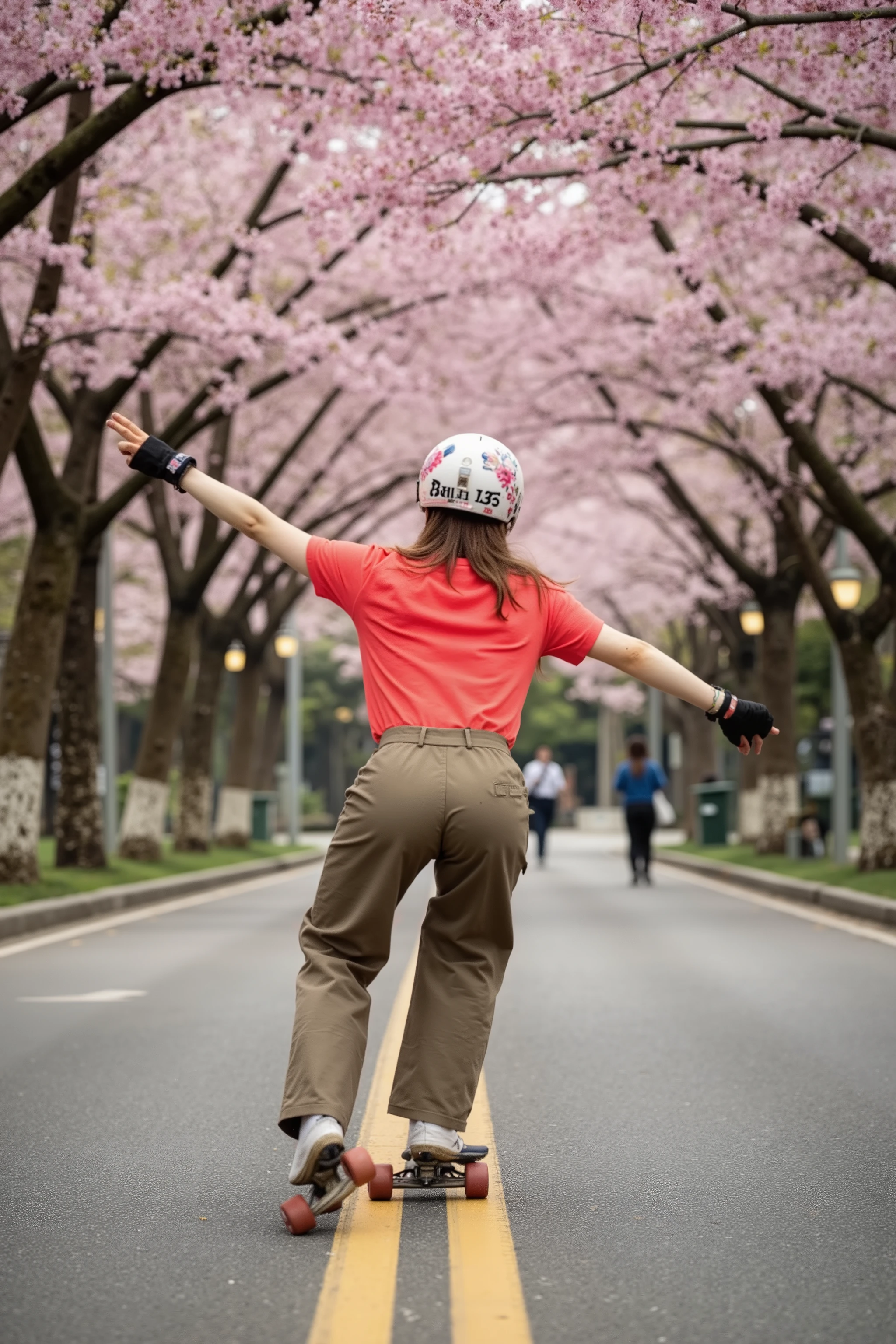 🌟 :
Back view, focus on ass, Ultra-HD 12K action shot, photographed from a moving support vehicle. silent: Dynamic sports photo realism with selective focus - the skater crystal clear, while road and blossoms blur in artistic motion blur.
🌌 :
"A slightly sloping avenue in a Japanese city park: Thousands of cherry blossoms form a pink roof over the moist asphalt road. In the background, lanterns blur into golden light strips. The roadway reflects the flower canopy as a pink glow."
😈 :
"Eine feminine Inline-Skaterin in skater-Outfit: wide khaki skater pants, which accentuates her dynamic movement. Her neon red wide shirt flutters in the wind, Her helmet is covered with cherry blossom stickers."
🔥:
"Professionelle Speed-Position: ((Bent low with almost wafer straight upper body, (Ate stretched out):1.9)), hands behind our back entangled. Her right leg is extended backwards, The left strongly angled. sparks from aggressive 110mm wheels. A cloud of pink flowers swirls behind her on. She looks over her shoulder at the viewer