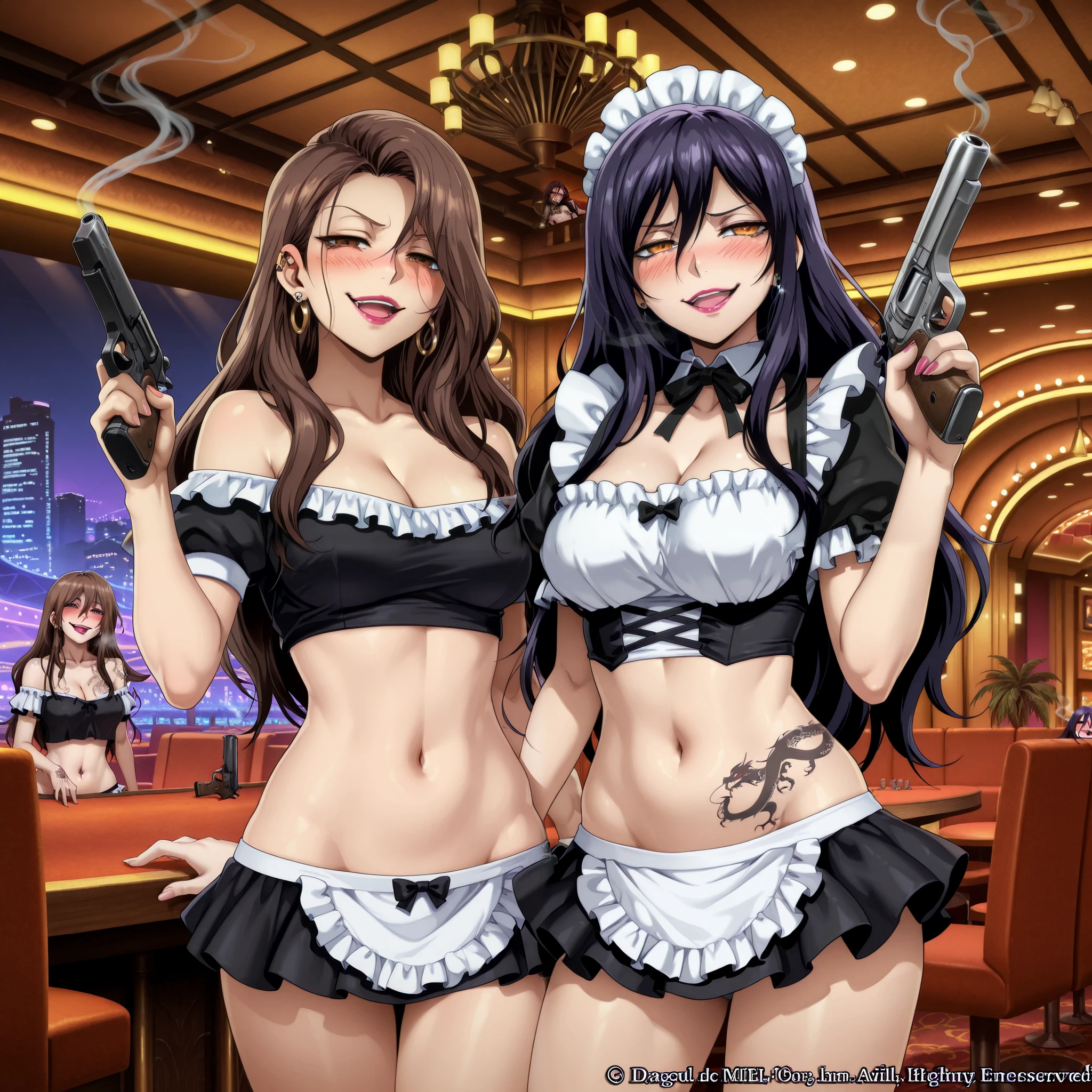 2girl, two girls, long hair, choker,
blush, lipstick,,jewelry, earrings, Hot girl, baddie, bad attitude, mean girl, crazy, smoking, sensual, attractive , bar background, inside bar, indoor, masterpiece, best quality, highly detailed, a girls with a gun, open mouth, blazer, sexy gaze, , badass pose , evil smile, smile, black bra, anime girl with long hair, long haired girl,
navel, evil expression, exposed belly, exposed navel, exposed midriff, exposed lower belly, micro
miniskirt, micro pencil skirt, pencil skirt ,holding a gun,, navel piercing , 