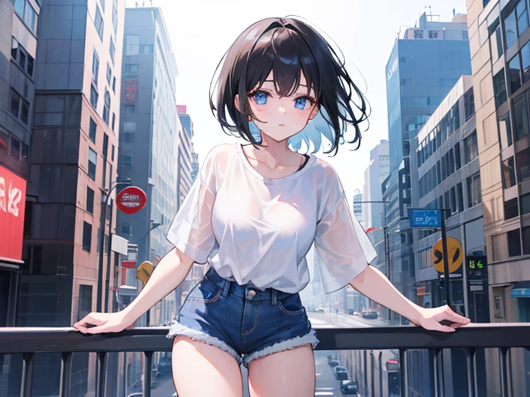1girl, short black hair, blue eyes, wearing plain white shirt, denim shorts, city, absurdres, high res, ultrasharp, 8K, masterpiece, looking at viewer