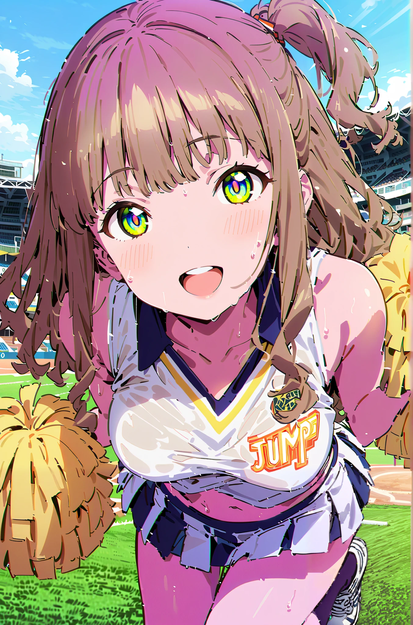 yume minami, long hair, brown hair, green eyes, bungs,smile,cover,open your mouth,Half Up Do Medium Breast,(cheerleading), (full body), on chest, (made me sweat), made me sweat Wet Clothes, (white clothes),sleeveless, pleated skirt,black socks,sneakers with a ladyback letter, stomach button support , playground, (jump), (jump), 両足を曲げてjumpする, , blue sky, Compa, smile,cheerleader, Pom-pom \(cheerleading\) real hair ornaments,full bodyがillustrationに入るように,break outdoors,Stadium,
break looking at viewer,full body,
break (masterpiece:1.2), best quality, high resolution, Unity 8k Wallpaper, (illustration:0.8), (beautiful detailed eyes:1.6), very detailed face, so that it fits into the illustration, extremely detailed CG, (curved body, Complete anatomy),