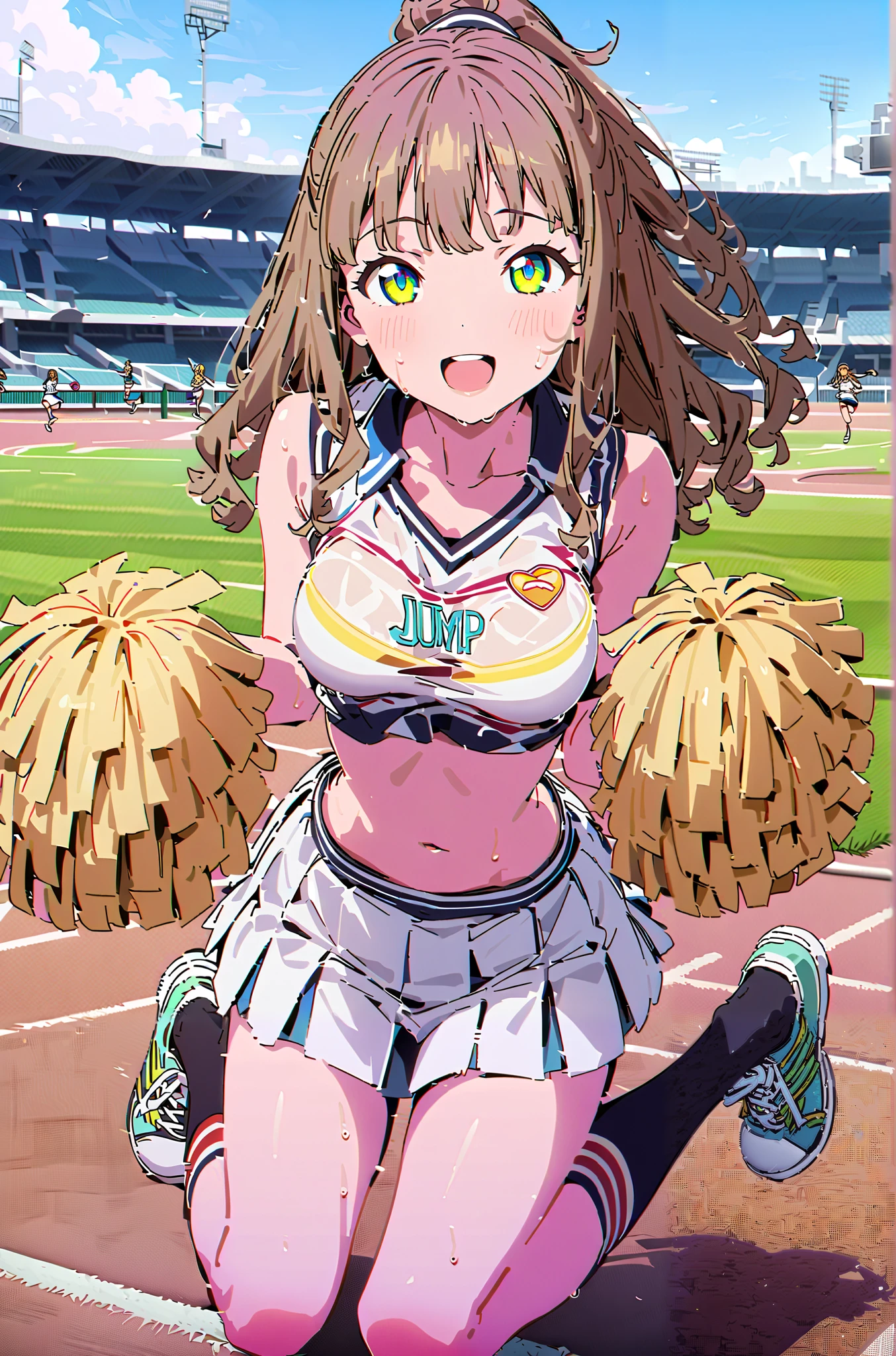  yume minami, long hair, brown hair, green eyes, bungs,smile,cover,open your mouth,Half Up Do Medium Breast,(cheerleading), (full body),  on chest, (made me sweat), made me sweat Wet Clothes, (white clothes),sleeveless, pleated skirt,black socks,sneakers with a ladyback letter,  stomach button support , playground, (jump), (jump), 両足を曲げてjumpする, , blue sky,  Compa, smile,cheerleader, Pom-pom \(cheerleading\) real hair ornaments,full bodyがillustrationに入るように，break outdoors,Stadium,
break looking at viewer,full body,
break (masterpiece:1.2), best quality, high resolution, Unity 8k Wallpaper, (illustration:0.8), (beautiful detailed eyes:1.6), very detailed face,  so that it fits into the illustration, extremely detailed CG, (curved body, Complete anatomy),