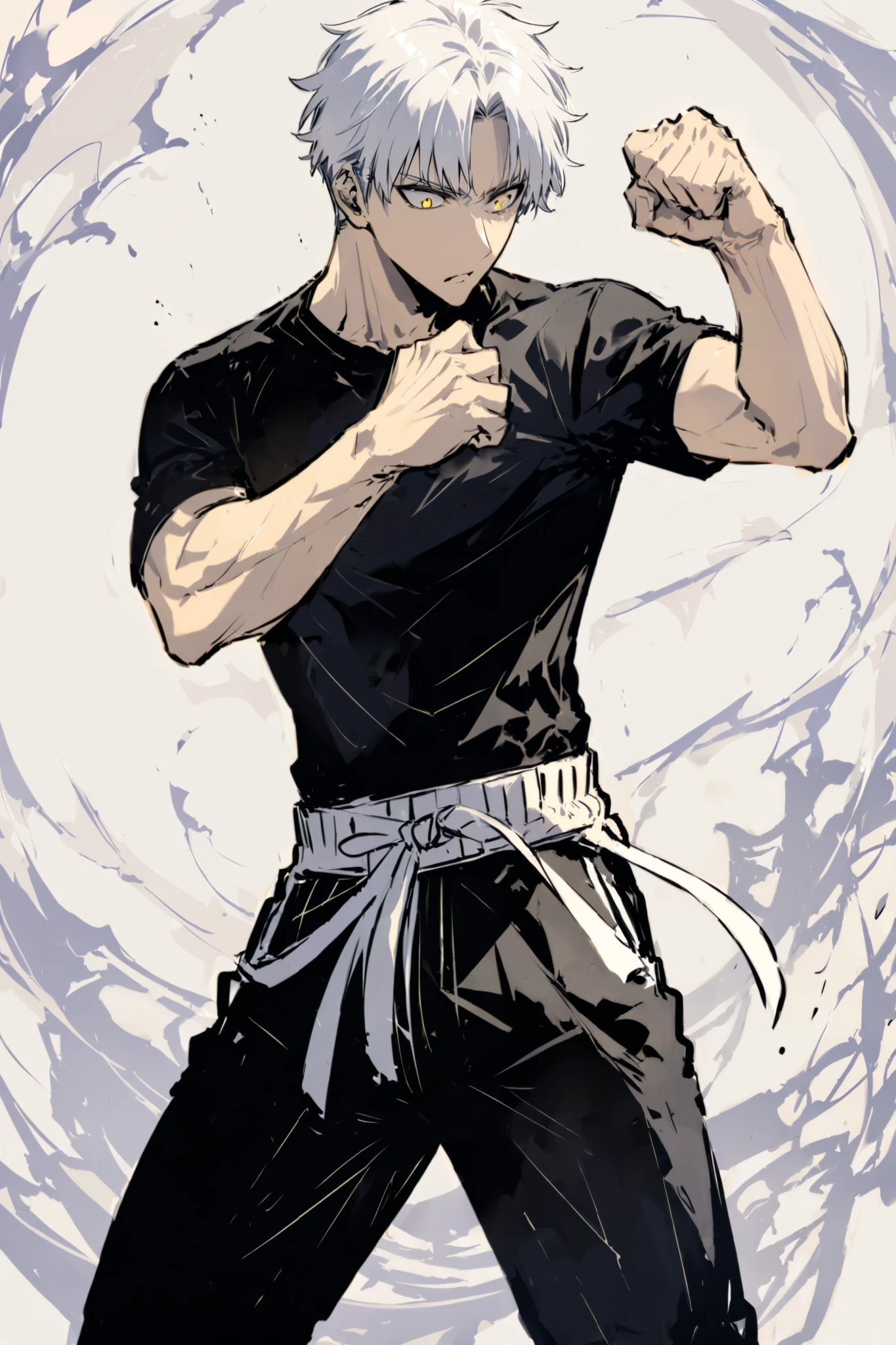 Handsome, Athletic, alone, male, Short spicky hair, long white hair, black yellow eye, black t-shirt, black pants, , intricate sketch, expressive eyes nose and mouth, simple pose, clench fist, martial art stance, side view