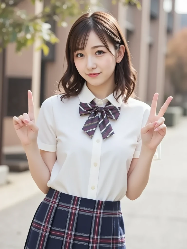 (masterpiece:1.2), Japanese, (18 years old), (((a girl))), hair bun, slender body, (school uniform), collared shirt, short sleeves, bow tie, outdoor, smiling, 