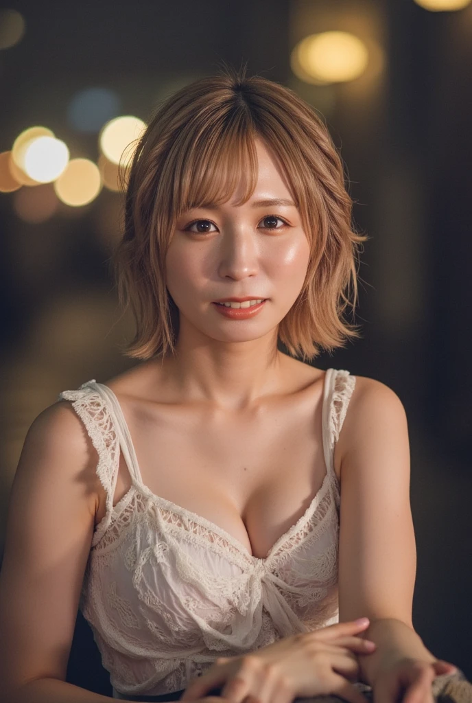 asian woman, blond short hair, blur eyes, 24 years old, posing on the Japan sakura background, night view, wearing lingerie