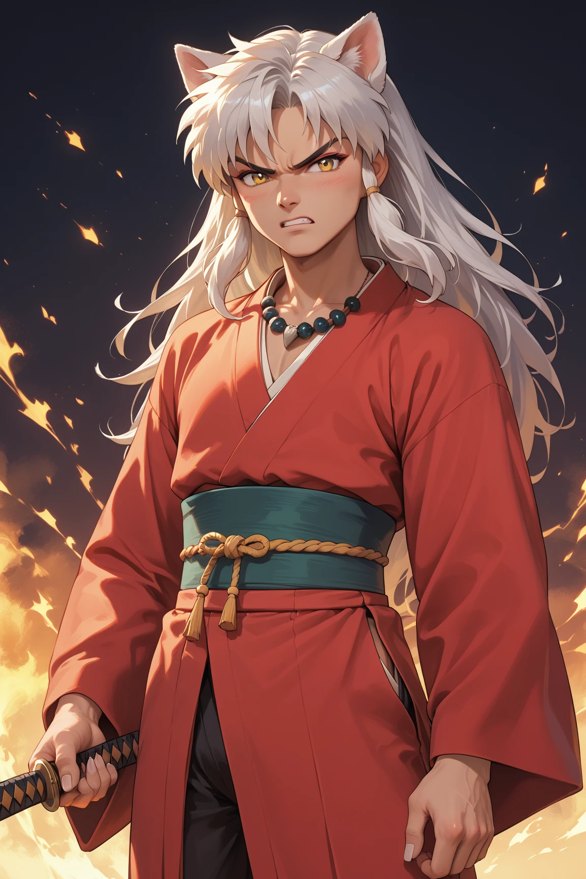 masterpiece, beautiful, ultra-detailed, detailed face, 4k, hd, perfect lighting, best quality, score_9, score_8_up, score_7_up, 2d art, perfect hands, perfect eyes, inuyasha, white hair, yellow eyes, long hair, animal ears, dog ears
necklace, jewelry
weapon, sword, katana
sheath
kimono, japanese clothes
red kimono, solo, ((1man)), angry, ((adult))
fingernails, sharp fingernails