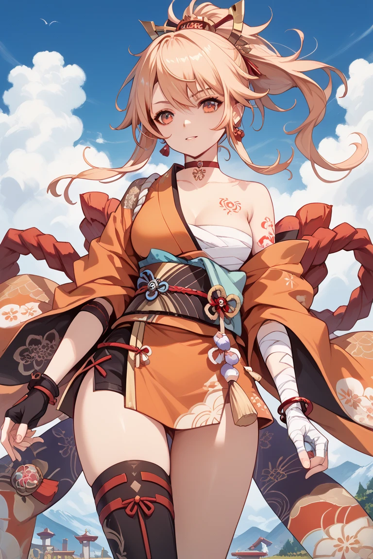 1girl, female, beach, yellow kimono,cleavage, very long hair, japanese clothes, wide sleeves, off shoulder, floral print, beads, sash, ibaraki_douji playing volleyball ,<lora:ibaraki_douji:0.9>