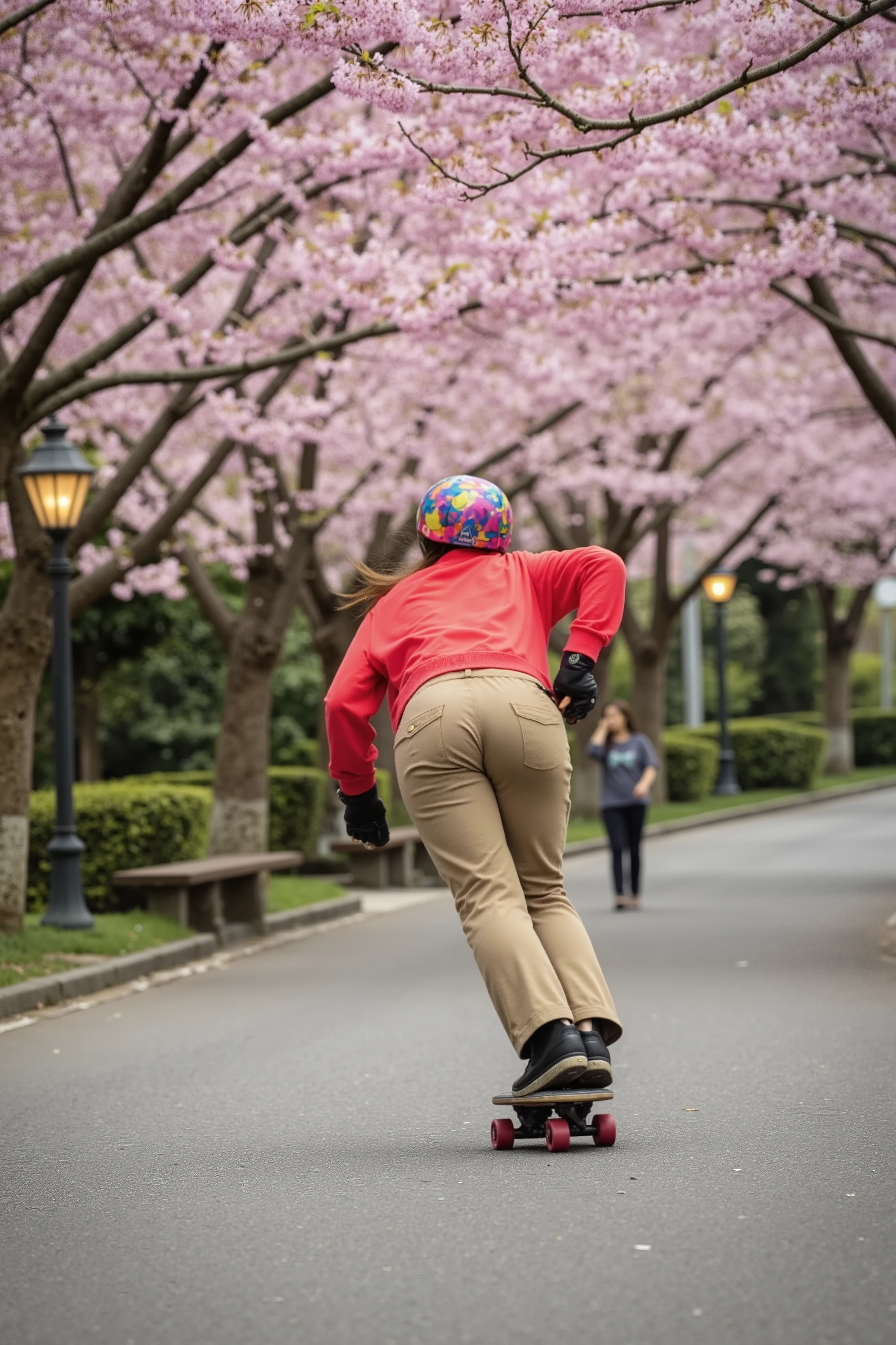 🌟 :
Back view, focus on ass, Ultra-HD 12K action shot, photographed from a moving support vehicle. silent: Dynamic sports photo realism with selective focus - the skater crystal clear, while road and blossoms blur in artistic motion blur.
🌌 :
"A slightly sloping avenue in a Japanese city park: Thousands of cherry blossoms form a pink roof over the moist asphalt road. In the background, lanterns blur into golden light strips. The roadway reflects the flower canopy as a pink glow."
😈 :
"Eine feminine Inline-Skaterin in skater-Outfit: wide khaki skater pants, which accentuates her dynamic movement. Her neon red wide shirt flutters in the wind, Her helmet is covered with cherry blossom stickers."
🔥:
"Professionelle Speed-Position: ((Bent low with almost wafer straight upper body, (Ate stretched out):1.9)), hands behind our back entangled. Her right leg is extended backwards, The left strongly angled. sparks from aggressive 110mm wheels. A cloud of pink flowers swirls behind her on. She looks over her shoulder at the viewer