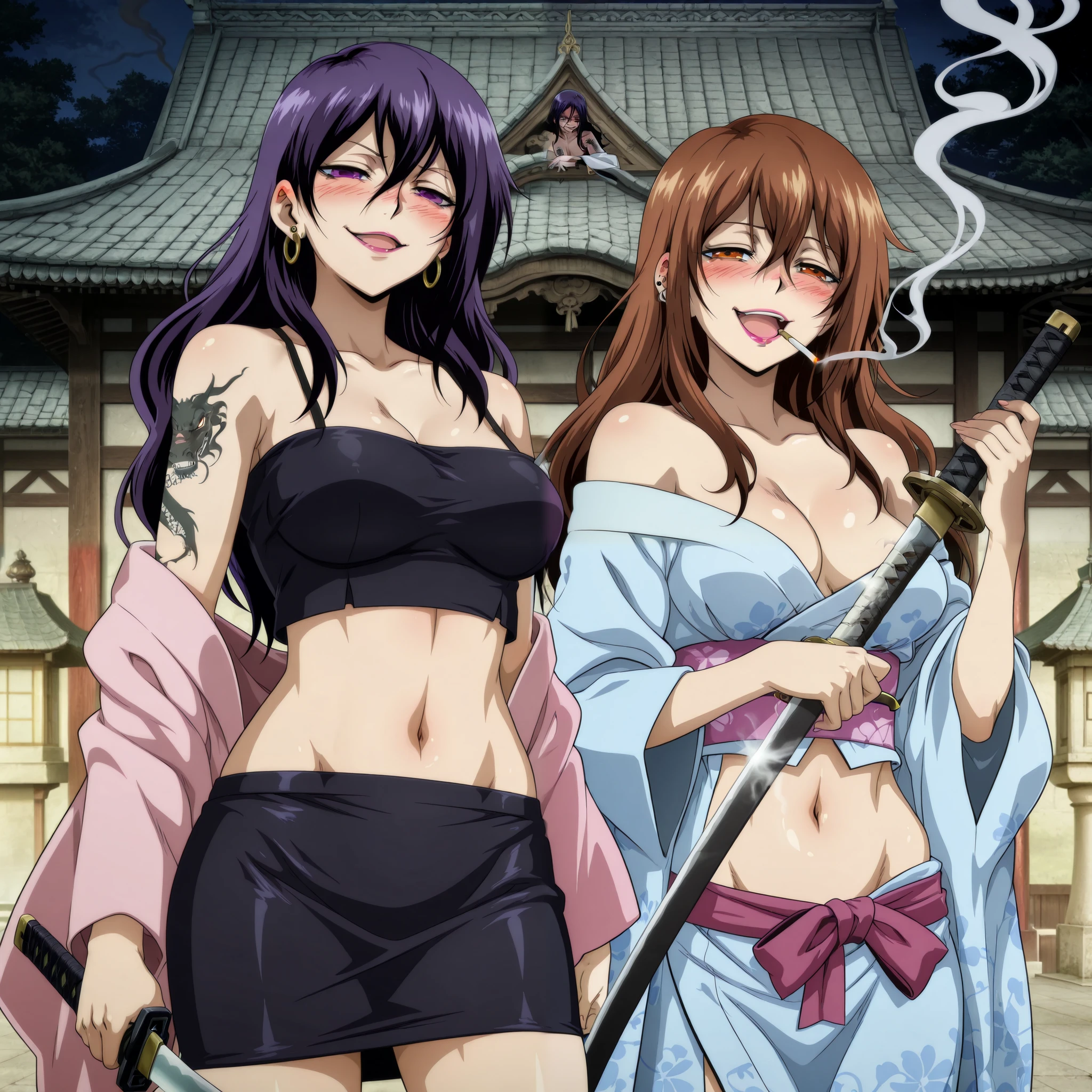 2girls, two girls, mature female,long hair,, anime coloring, medium large breasts,anime coloring,
, ear piercing, long hair, blush, lipstick,Hot girl, baddie, smoking, sensual, attractive ,,masterpiece, best quality, highly detailed, a anime girl in kimono dress ,holding sword, bare
shoulder,open kimono, evil smile, open mouth, crop top , (nsfw) not safe for work, smile, ecchi anime
style, anime girls, ecchi style, digital anime art!!, in anime style, official artwork,beautiful girl,
anime style 4 k, kimono pencil skirt, exposed belly, exposed navel, ,in a palace,exposed midriff,
exposed lower belly, outdoor, japanese architecture, temple, dragon tattoo, narrowed eyes, tattoo midriff , smirk,