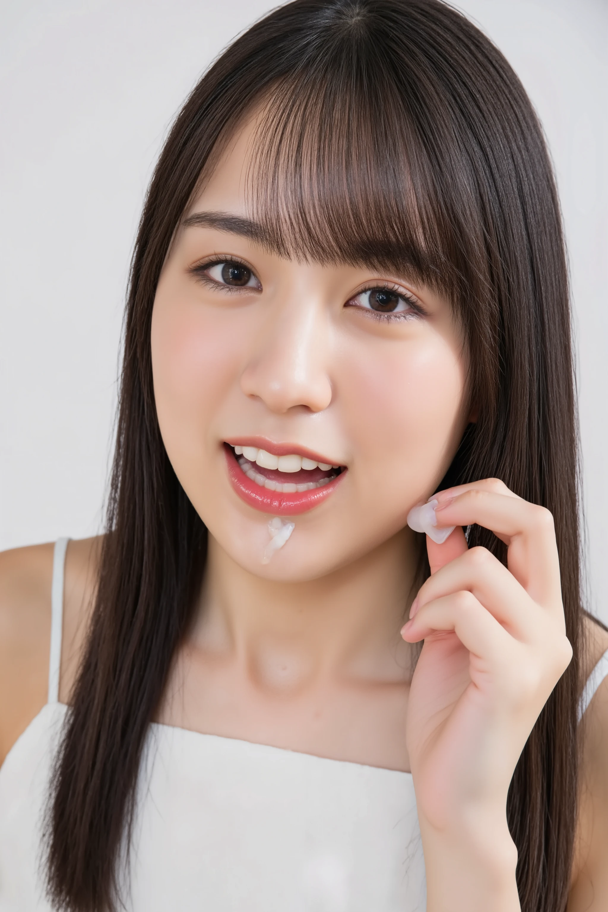 high resolution photograph, photo realistic, best quality, masterpiece, fashion shoot, straight long black hair with bangs, off-shoulder dress, upper body, face focus, medium length black hair with bangs, snow-like skin, fine-textured skin, (open mouth, uvula, cum facial, woman with cum on her face, white cum on face, bukkake:1.2), fingers brushing own lips, joyful expression, looking at the camera, (view from below), detailed hands, detailed fingers, perfect hand,