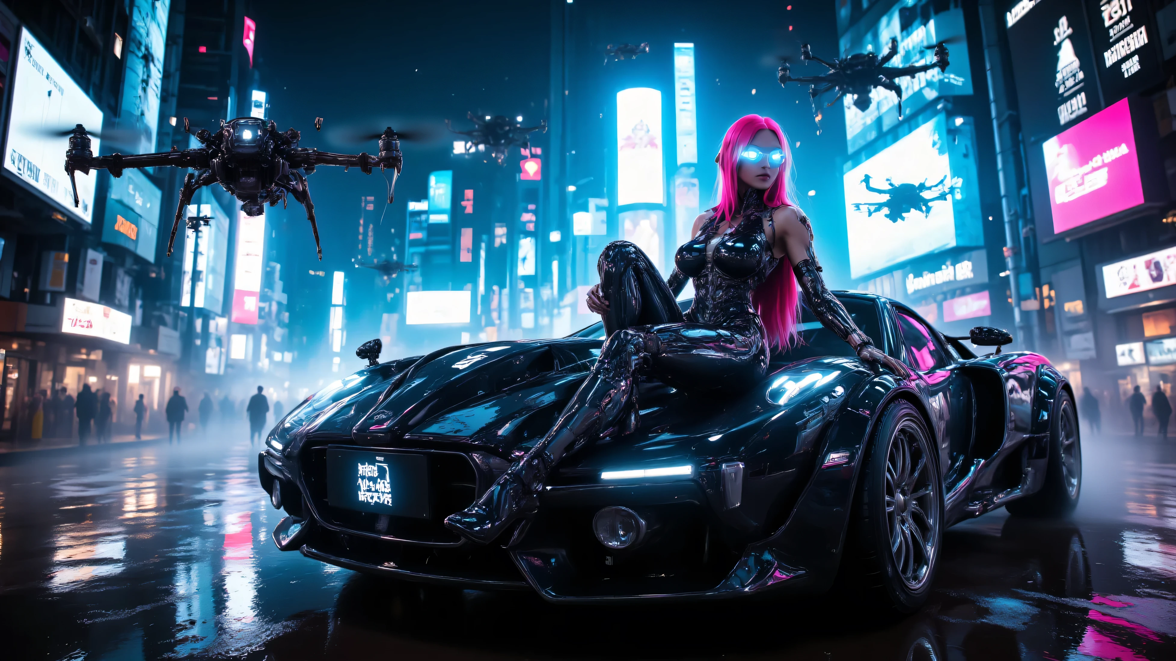 A futuristic cyberpunk city illuminated by neon lights, massive holograms, and hovering vehicles. A woman with pink hair and holographic goggles sits on the hood of a sleek, high-tech hovercar. She wears a glossy latex suit with cybernetic enhancements, her arms adorned with mechanical implants. Behind her, advanced drones hover in the air. The skyline is filled with glowing advertisements, and the atmosphere is dense with neon-lit haze. The scene is dynamic and mysterious."

