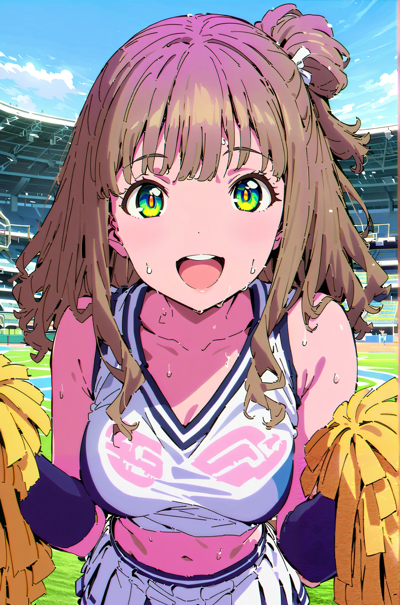 yume minami, long hair, brown hair, green eyes, bungs,smile,cover,open your mouth,Half Up Do Medium Breast,(cheerleading), (full body), on chest, (made me sweat), made me sweat Wet Clothes, (white clothes),sleeveless, pleated skirt,black socks,sneakers with a ladyback letter, stomach button support , playground, (jump), (jump), 両足を曲げてjumpする, , blue sky, Compa, smile,cheerleader, Pom-pom \(cheerleading\) real hair ornaments,full bodyがillustrationに入るように,break outdoors,Stadium,
break looking at viewer,full body,
break (masterpiece:1.2), best quality, high resolution, Unity 8k Wallpaper, (illustration:0.8), (beautiful detailed eyes:1.6), very detailed face, so that it fits into the illustration, extremely detailed CG, (curved body, Complete anatomy),