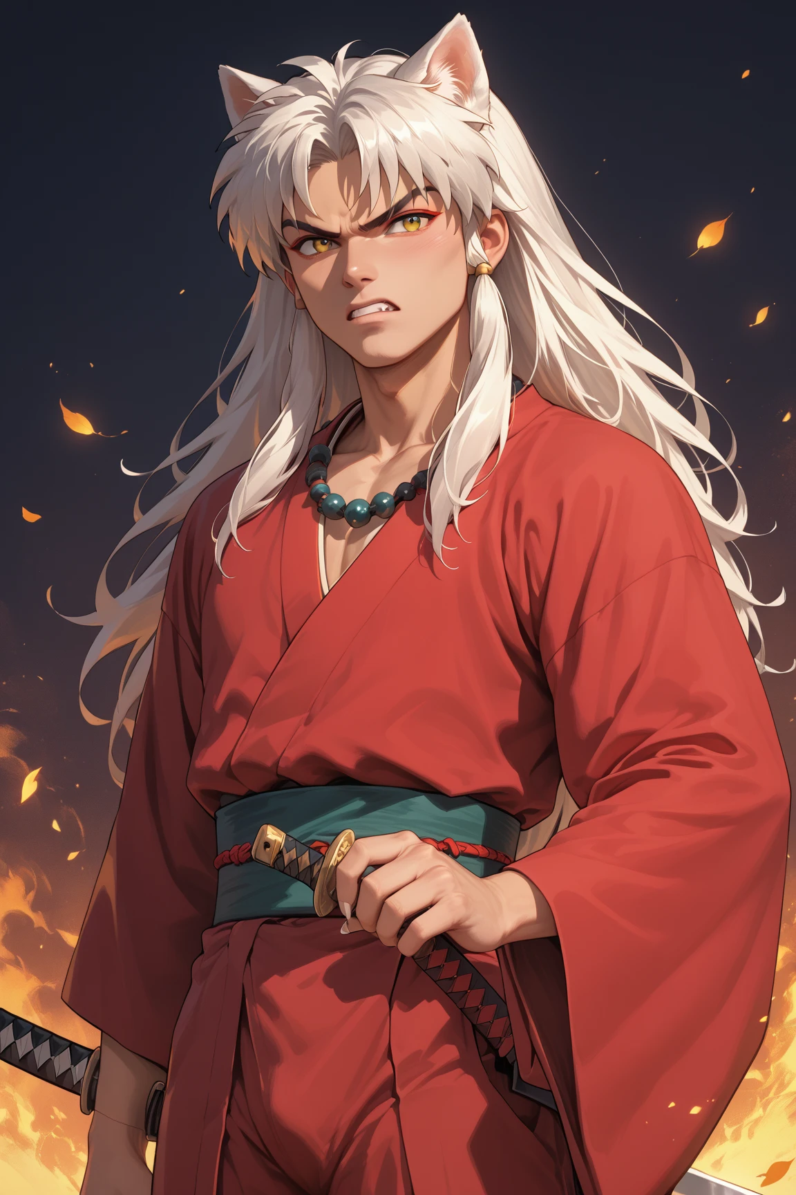 masterpiece, beautiful, ultra-detailed, detailed face, 4k, hd, perfect lighting, best quality, score_9, score_8_up, score_7_up, 2d art, perfect hands, perfect eyes, inuyasha, white hair, yellow eyes, long hair, animal ears, dog ears
necklace, jewelry
weapon, sword, katana
sheath
kimono, japanese clothes
red kimono, solo, ((1man)), angry, ((adult))
fingernails, sharp fingernails