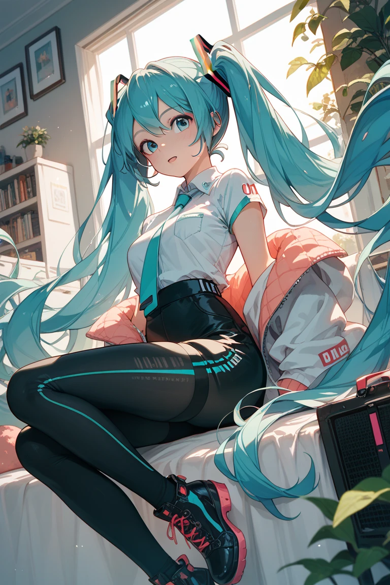 hatsune miku wearing very tight galaxy print leggings with a cameltoe and a galaxy print sports bra, lying in bed, coding on a laptop,