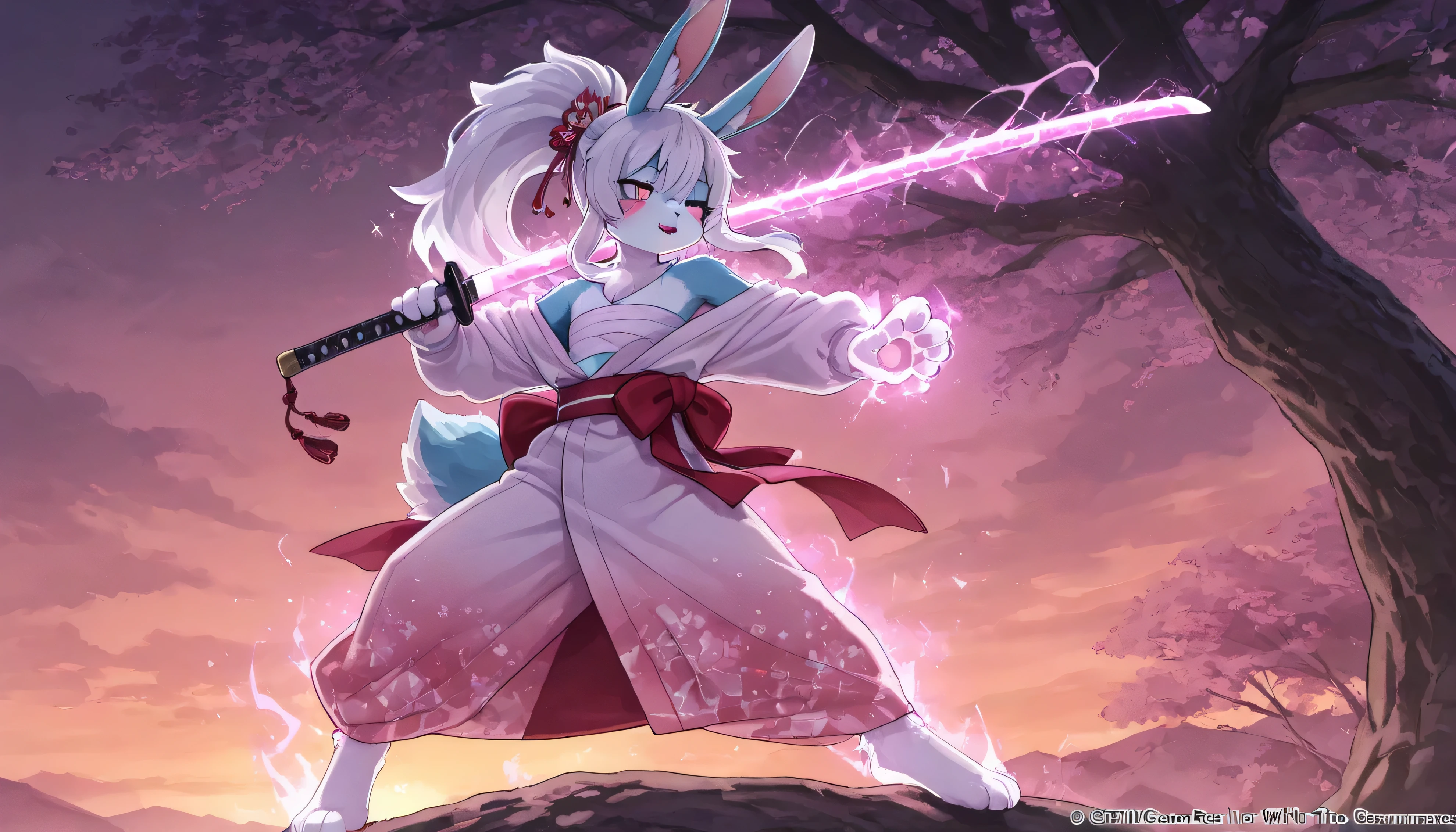 [KuroRabbi🐰] [Theme 🌸 - Sakura Goddess] [Generate Draft Test*] - oil-paint style, masterpiece quality, masterful, mythical, beautiful, japanse style, wallpaper style, landscape, standing on right_side, side view shot, solo, KuroRabbi, rabbit, anthro, DTkr, furs, buckteeth, standing, slender, blue fur, white_hair, hair floawing, sakura tree falls, under the sakura tree, sakura samurai_goddess, yellow_electric magic, electric slight_aura, electric/thunder aura, correcting (paw, hand with 4 fingers) (paw, feet with 3 toe), Shining Runes Sparkling aura , Mysterious Spells , Sparkling Energy , Mysterious katana, Glowing Mott , Glowing Seal , Otherworldly Chanting , Mysterious Symbolism 、[New_Step]: (standing at the right of portrait), sakura falling landscape、sunset Scene、A beautiful , DTkr with Camellia pattern、Bust Shot、samurai standing with sunset scenery, Highest quality、white hair, Hair is snowy_white and in a ponytail, posing with tree, the cutest real in the world, (cutest face, coolest sleepy dominance),(very thin:1.3), Beautiful and innocent rabbit, flat chest, A standard Japanese_samurai kimono in pink/white/black/red with a camellia pattern, wearing chest wraps, slightly one_off shoulder, wearing fur_glove, rosy cheeks, equipped kantana, detailed katana, unsheathing kantana midway, (scar one_eye, slashed_scar),